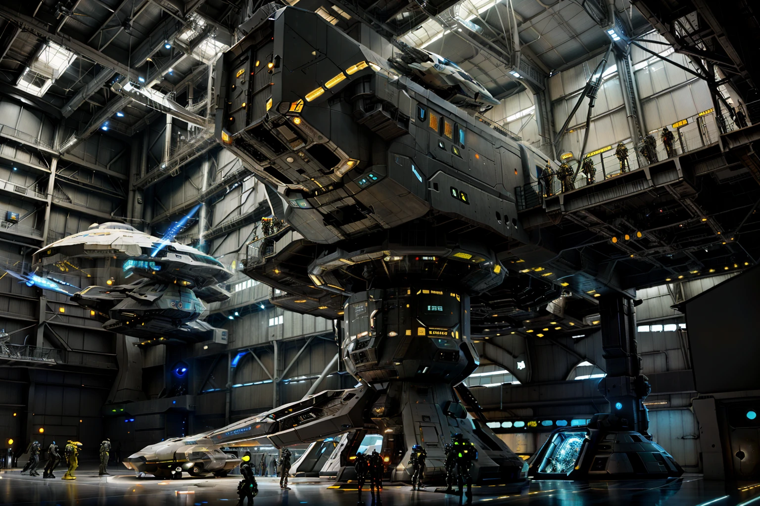 spaceships in a sci - fi environment with people standing around, detailed sci-fi art, in a sci-fi shipping port, spaceship hangar, sci-fi digital painting, sci fi digital painting, scifi scene, industrial humanity spaceship, scifi art, scifi concept art, mystical sci-fi concept art, sci fi concept art, science fiction concept art, scifi base