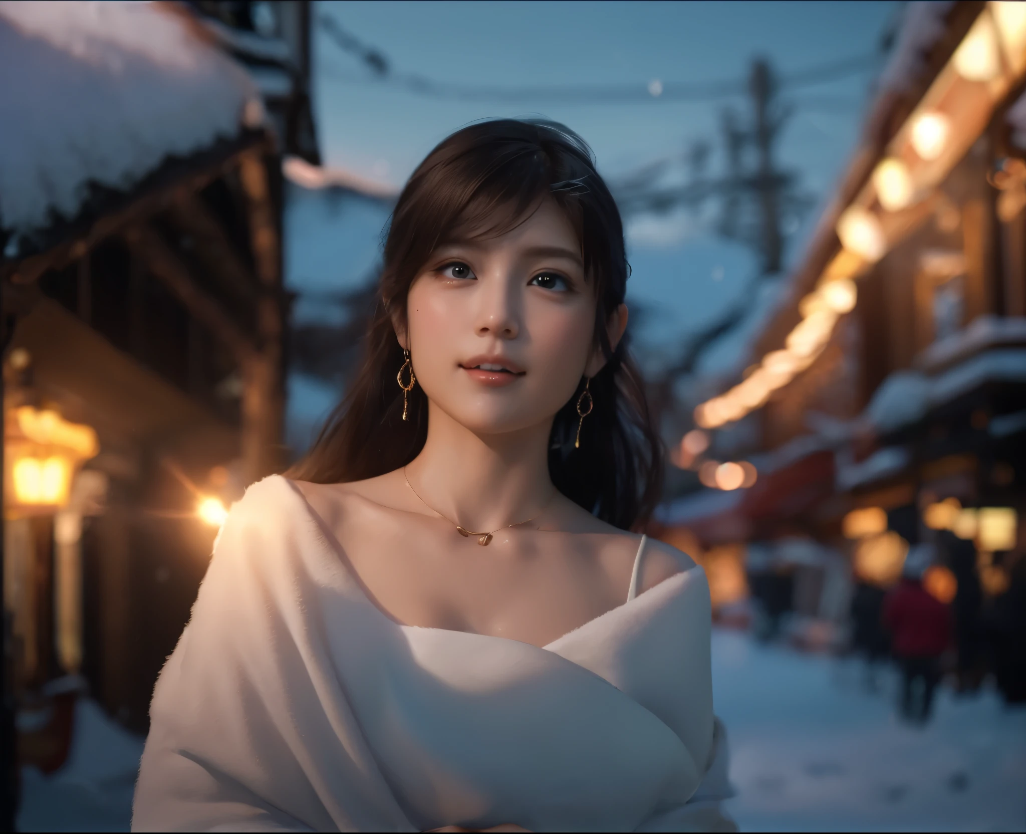 (table top), sexy、Natural light, realistic diffused glow, Depth of written boundary, professional lighting、Spotlight people、Big eyes、eyes are blue、blonde、Russian、in the snow、snow falling、microphone on right hand、Singing a song、The background is Yokohama Stadium、Live venue、The background is an Italian city、