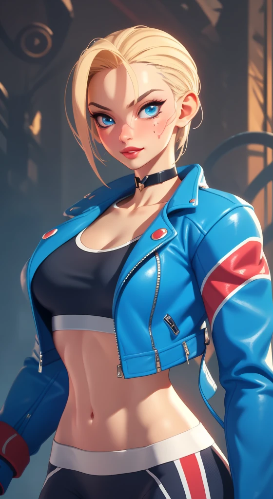 (((illustration))) portrait  cammy_white , cammy sf6,1girl ,solo ,  bang , scar on cheek ,blonde hair , blue eyes, short hair, sports bra, jacket , yoga pant, looking at viewer, upper body ,blush , smile , happy , red lipstick,  veins, beautiful face, full lips, slim face, high cheekbones, muscular, (((in vector style)))