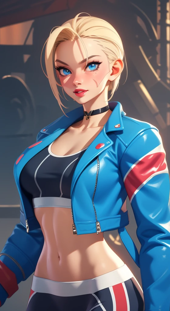 (((illustration))) portrait  cammy_white , cammy sf6,1girl ,solo ,  bang , scar on cheek ,blonde hair , blue eyes, short hair, sports bra, jacket , yoga pant, looking at viewer, upper body ,blush , smile , happy , red lipstick,  veins, beautiful face, full lips, slim face, high cheekbones, muscular, (((in vector style)))