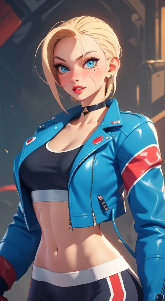 (((illustration))) portrait  cammy_white , cammy sf6,1girl ,solo ,  bang , scar on cheek ,blonde hair , blue eyes, short hair, sports bra, jacket , yoga pant, looking at viewer, upper body ,blush , smile , happy , red lipstick,  veins, beautiful face, full lips, slim face, high cheekbones, muscular, (((in vector style)))