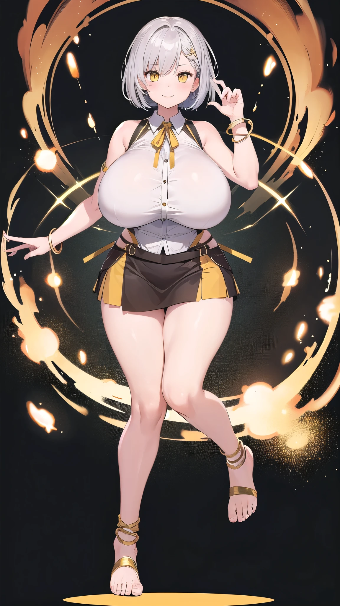 1 girl, game CG, brown sleeveless shirt, short slit skirt, neck ribbon, gold bangles, (gigantic breasts:1.2), silver hair, short hair, french braid, yellow eyes, (single color background:1.1), full body, toe , standing, dynamic, smile,