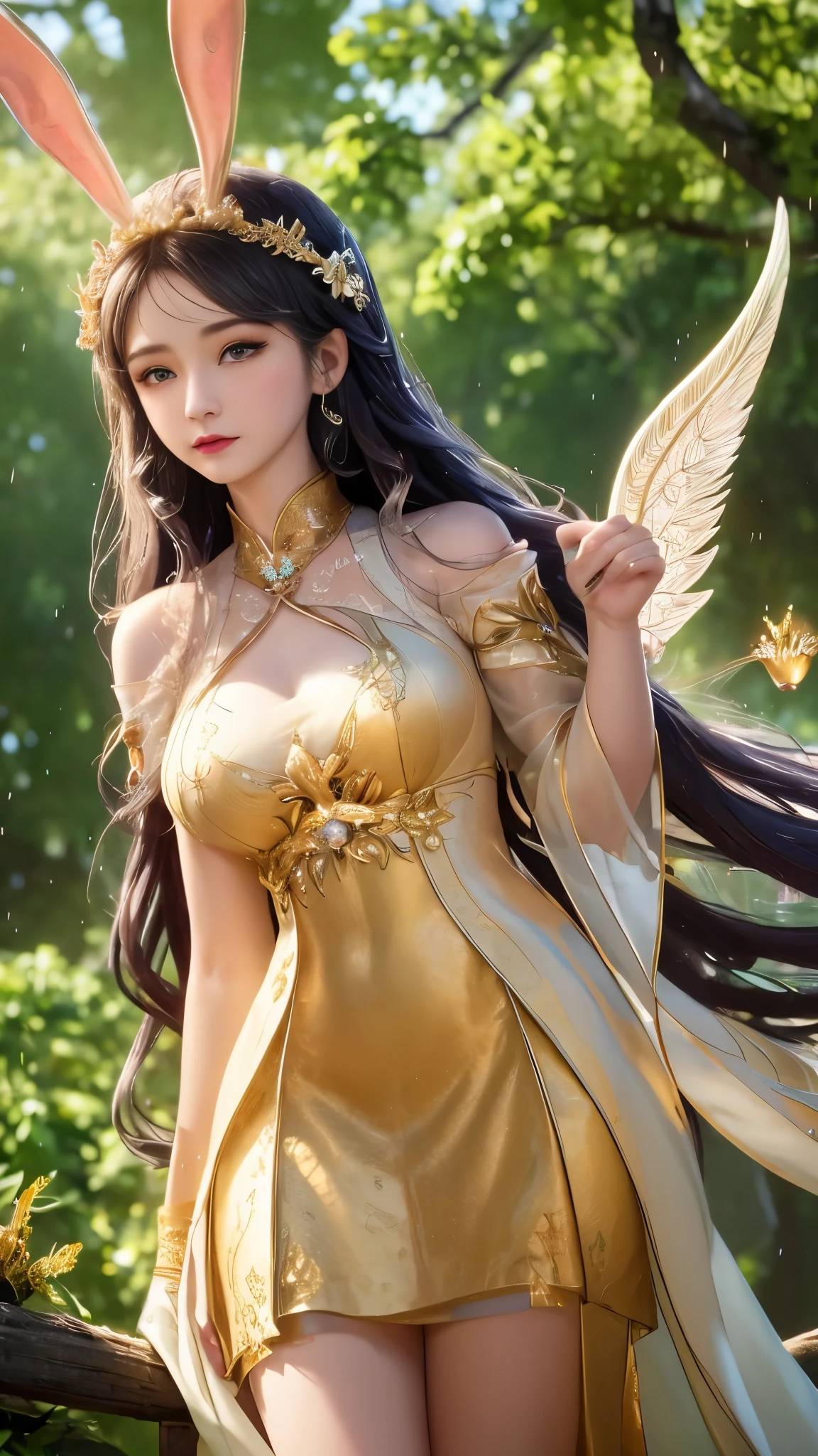 1 girl, renaissance woman,very bright light, Pouting,jwy1,((perspective)), {Beautiful and delicate eyes}, ((Put your hands behind your back)),luxury gems, crown, wet, rainy forest, Number 18,(Angel_wing),chibi,1 girl,Wenyangro Lahi,Rabbit ears,long skirt,long hair, hair