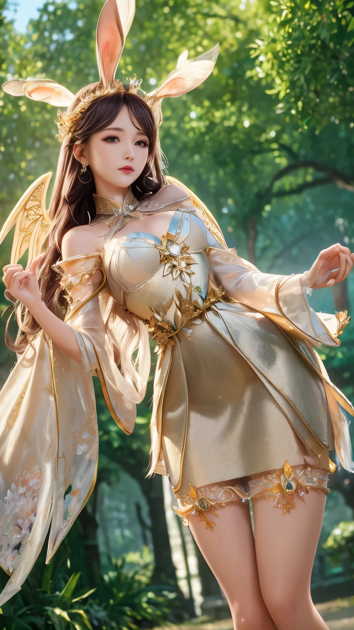 1 girl, renaissance woman,very bright light, Pouting,jwy1,((perspective)), {Beautiful and delicate eyes}, ((Put your hands behind your back)),luxury gems, crown, wet, rainy forest, Number 18,(Angel_wing),chibi,1 girl,Wenyangro Lahi,Rabbit ears,long skirt,long hair, hair