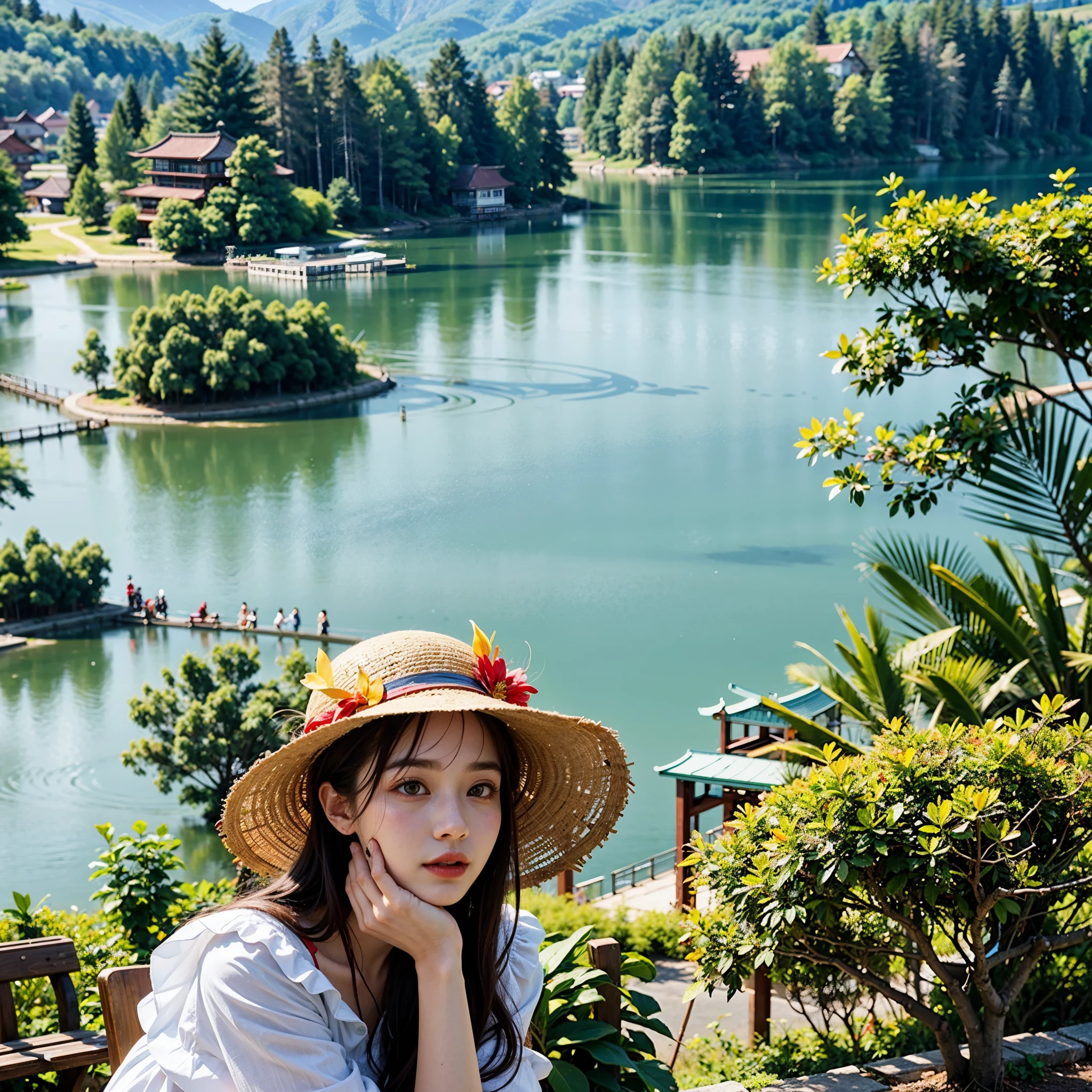 There is a woman wearing a hat sitting on a bench, wearing a straw hat, Hungry Ghost Festival, sitting in front of the lake, fan bingbing, Lake in the background, xintong chen, Belle Defin, with hat, on a sunny day, Dilireba, Photos taken with Canon 5D, queen of nature