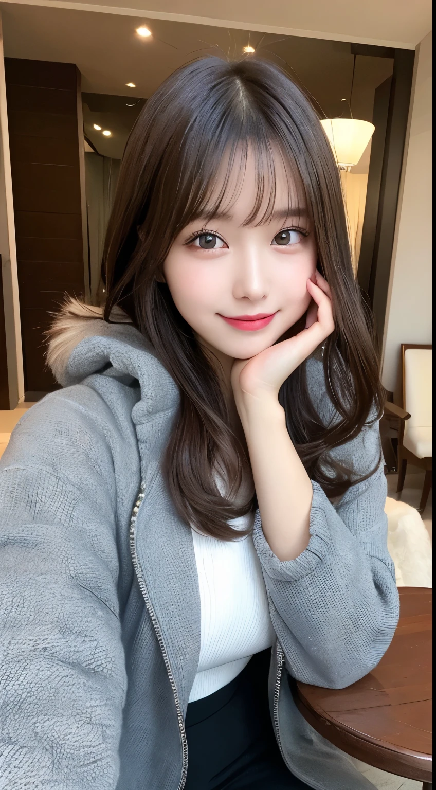 table top, highest quality, shape, Super detailed, finely, High resolution, 8k wallpaper, 完璧なダイナミックな構shape, beautiful and detailed eyes, tokyo trend冬ファッション,tokyo trend&Introducing cute hairstyles at random, small breasts, natural color lip, random sexy pose,cute smile,20 year old girl、beautiful and detailed face、perfect and beautiful face,Big eyes、Wear fluffy black outerwear with fur、beautiful detailed face、perfect and beautiful double eyelids、blur the background、perfect and beautiful face、Feminine poses、blur the background、Luxury Apartments(living room)