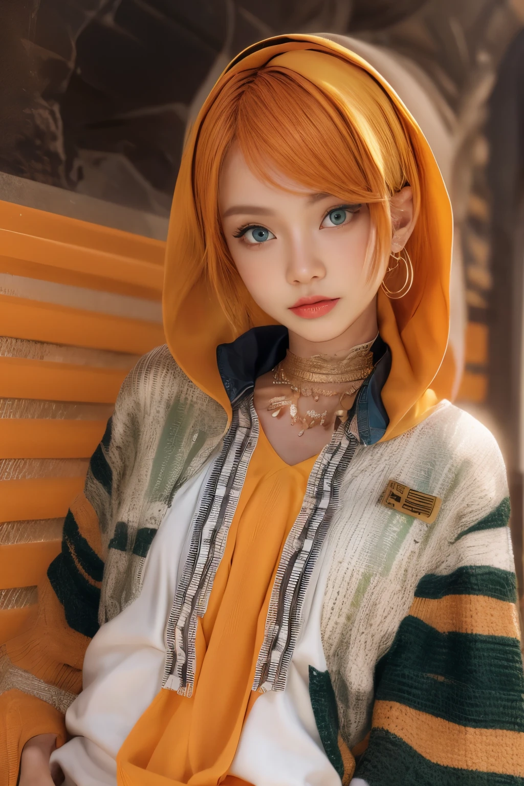 photorealistic, high resolution, 1 girl with layka face, layka, malay, hips up, beautiful green eyes, orange hair, white streetwear with orange stripe, black necklace choker, elegant earrings, radiance. 