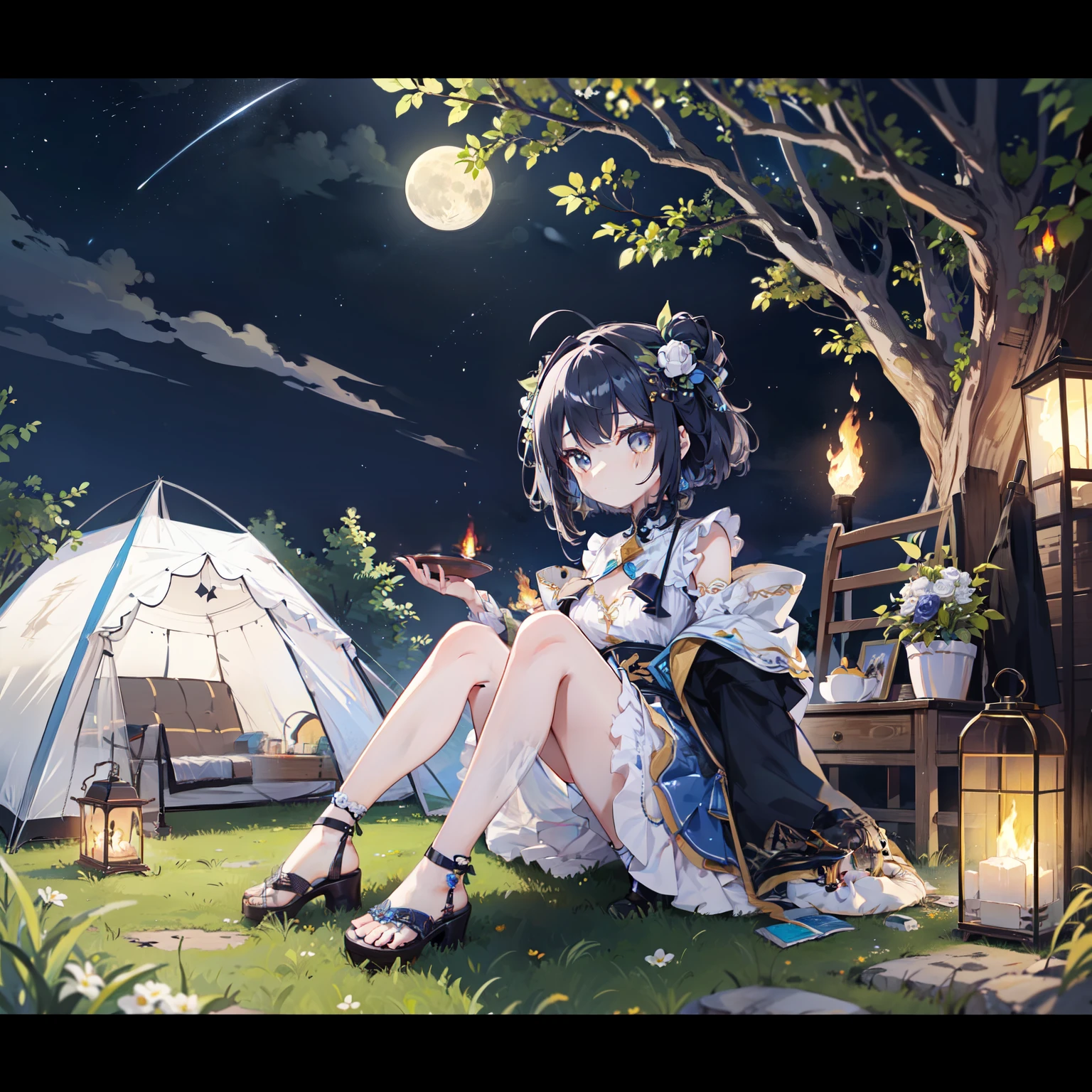 A beautiful moonlit night. tentの中で腰掛ける少女、the grass beneath their feet、camp、Star-studded night sky. meteor、彼女は美しい顔とbright colorsの輝く目をしています. She wears a costume with an intricate and beautiful design.outdoor、 Detail view. bright colors. High resolution. fantasy、fantasy、Bonfire flame、campファイアー、tent、campのtent