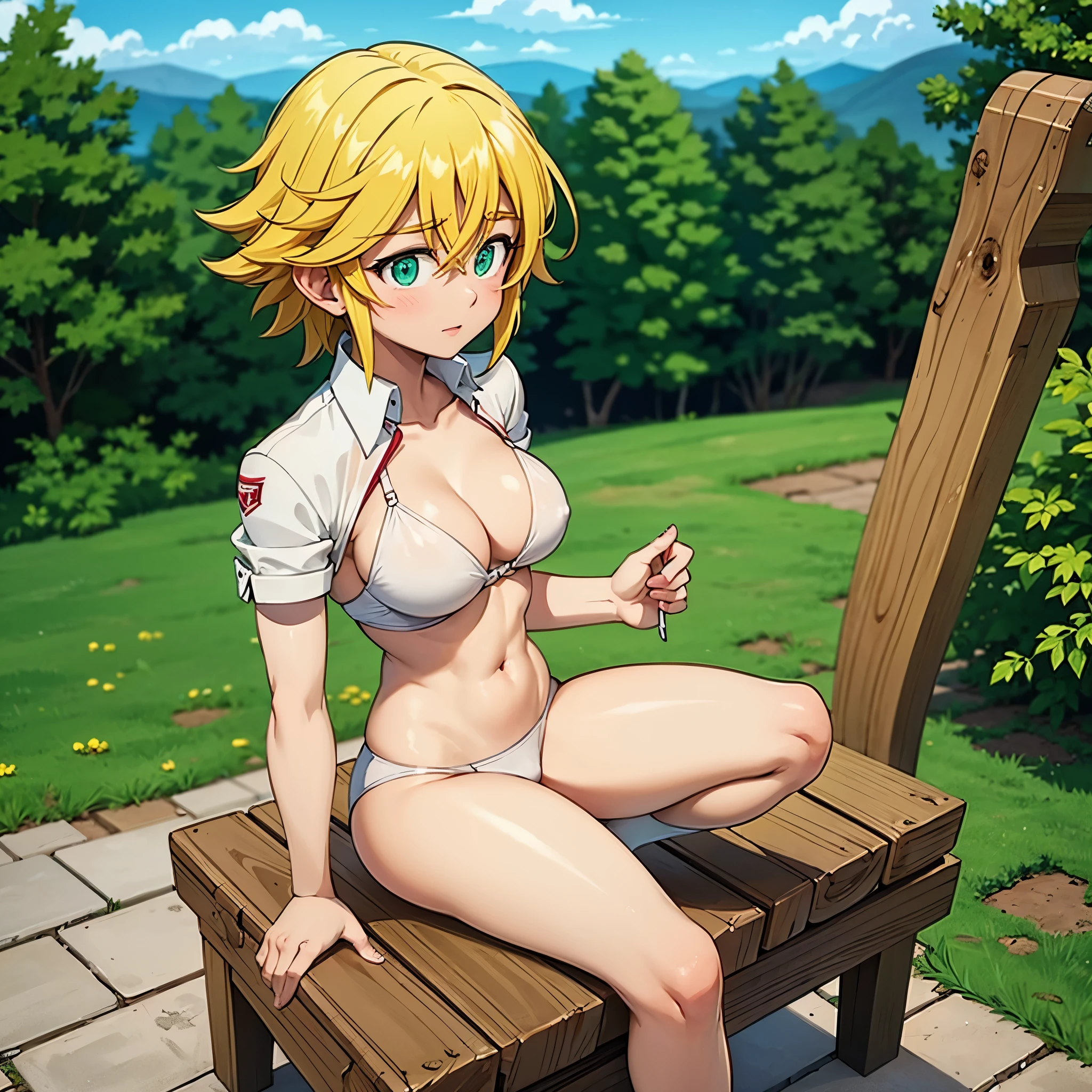 Meliodas in female version with medium breasts was sitting on a bench and was thoughtful ((qualidade 16k))