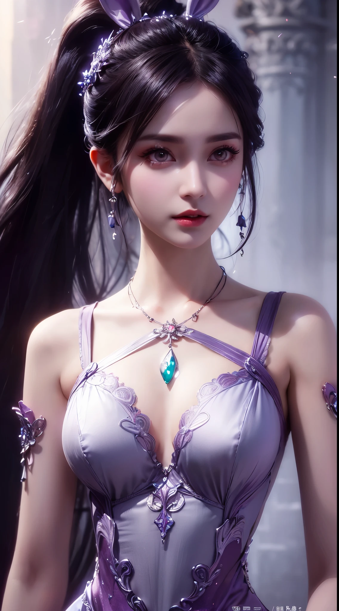 1 beautiful girl in Han costume, thin purple silk shirt with white color with many textures, white lace top, long platinum purple ponytail, hair jewelry, ear jewelry, light purple rabbit ears, necklace and necklace, meticulously drawn large purple eyes, meticulous makeup, thin eyebrows, high nose, lovely red lips, not smiling, pursed lips, rosy cheeks, wide breasts, big breasts , well-proportioned bust, slim waist, purple mesh socks, chinese hanfu style, fictitious art textures, vivid and realistic colors, RAW photos, realistic photos, ultra high quality 8k surreal photos, (effective fantasy light effect: 1.8), 10x pixel, magic effect (background): 1.8), super detailed eyes, girl body portrait, solo girl, ancient hanfu background,big braest ,big braest ,big braest ,big braest ,