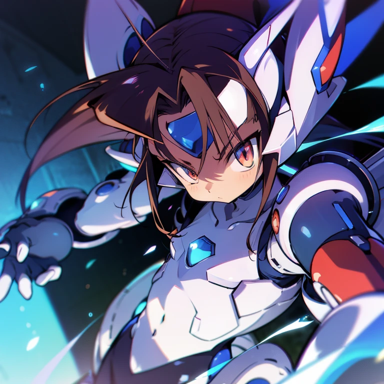 Masterpiece, best quality, highres, amazing quality, (pokemon mega mewtwo y), (devouring the starry sky), (tenchi muyo), flat chested, (male), (young 8  boy), (shota), (Dark skin), cute, red eyes, very long dark brown hair, blue gem on forehead, white mecha musume armour, white exosuit armour, black powersuit, white mecha armour legging, badass, cool, shounen, close up, adorable, clean up