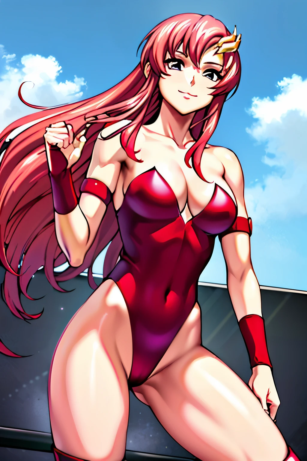 lacus4, armpit, (red long boots), (masterpiece, strapless only, very slim shoulders, 4K, Best Quality, Anime style: 1.9, happy, Adult Woman, (ultra detailed head), (cloud background), Drawing lines, high resolution, lacus4), 1girl, Solo, curvy figure, Long hair, 鎖骨, scapular, (Detailed wide hair bangs, Hair Ornament, Detailed reddish-pink hair, shiny streaks, slim arms, detailed golden crest), cleavage, large hands, (hair cover shoulders). (Big blue eyes, shiny eyes), ((female wrestler, (slim body), little biceps, slim arms, closed fists, thighs)), ((perfect proportions, medium breasts, long belly)), (((very tight leotard, crimson strapless leotard only, red arm band, neck band))), smile, (standing, hot colors), detailed fingers, (bare shoulders)