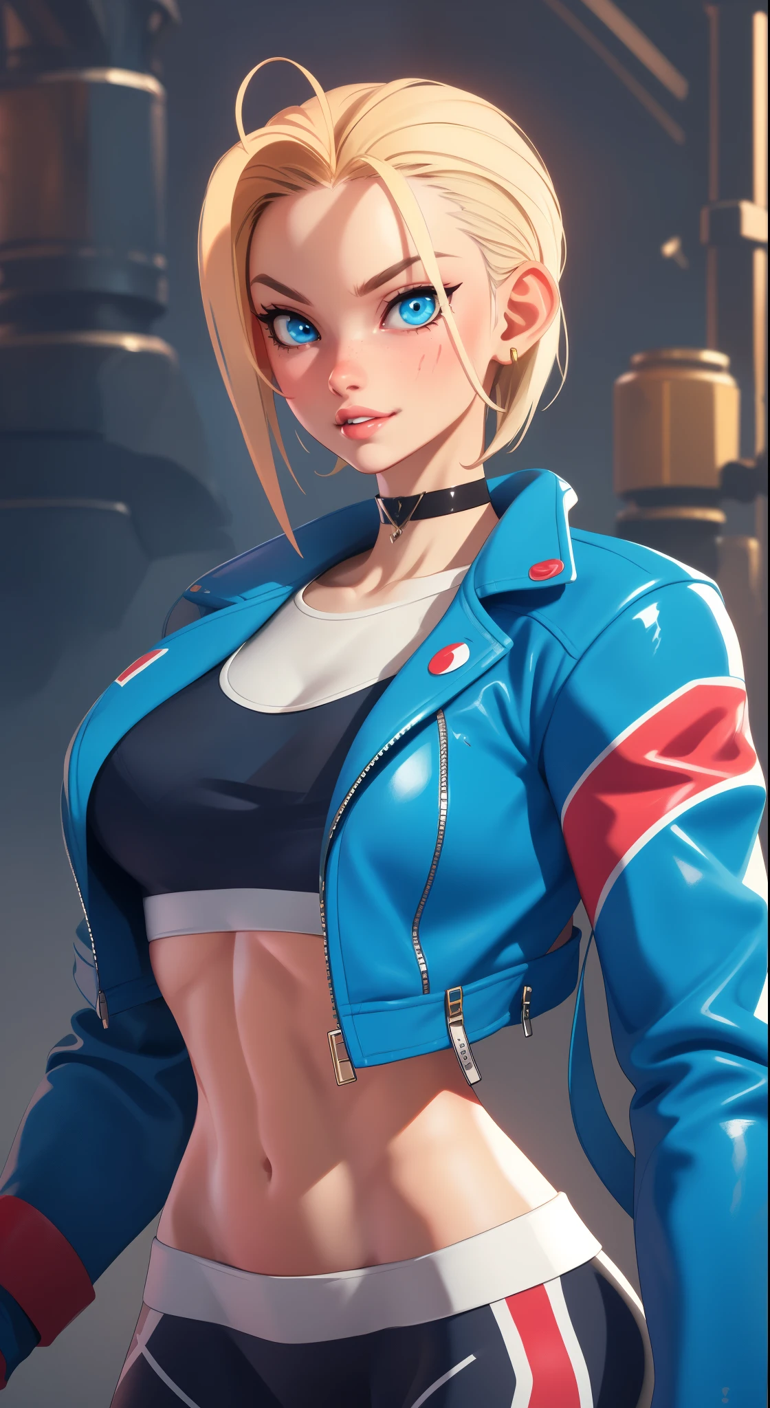 (((illustration))) portrait  cammy_white , cammy sf6,1girl ,solo ,  bang , scar on cheek ,blonde hair , blue eyes, short hair, sports bra, jacket , yoga pant, looking at viewer, upper body ,blush , smile , happy , red lipstick,  veins, beautiful face, full lips, slim face, high cheekbones, muscular, (((in vector style)))