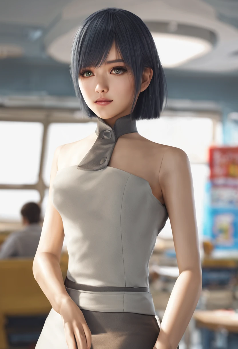 ((quality and character realistic, super photo realistic illustration,highres, ultla detailed)),a very beautiful japan woman,kawaii,25 old Female Android ,long black supple hair,semi long hair,best qualtiy, Photorealsitic,Very good style, She is wearing a sleeveless, turtleneck,Mechanical Doll,large, clean light blue eyes,portlate:2