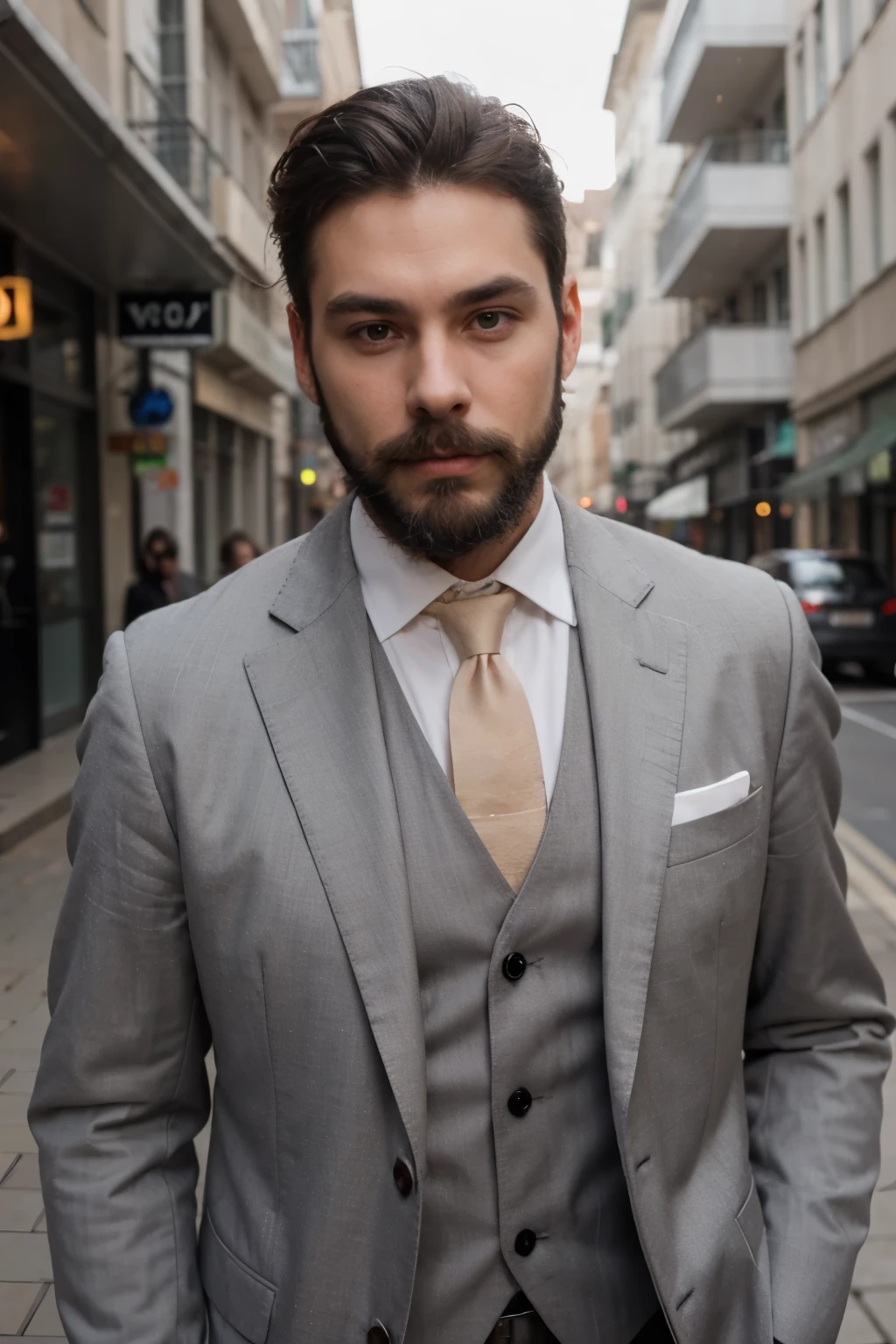 a man with a mustache and beard, wearing a gray suit