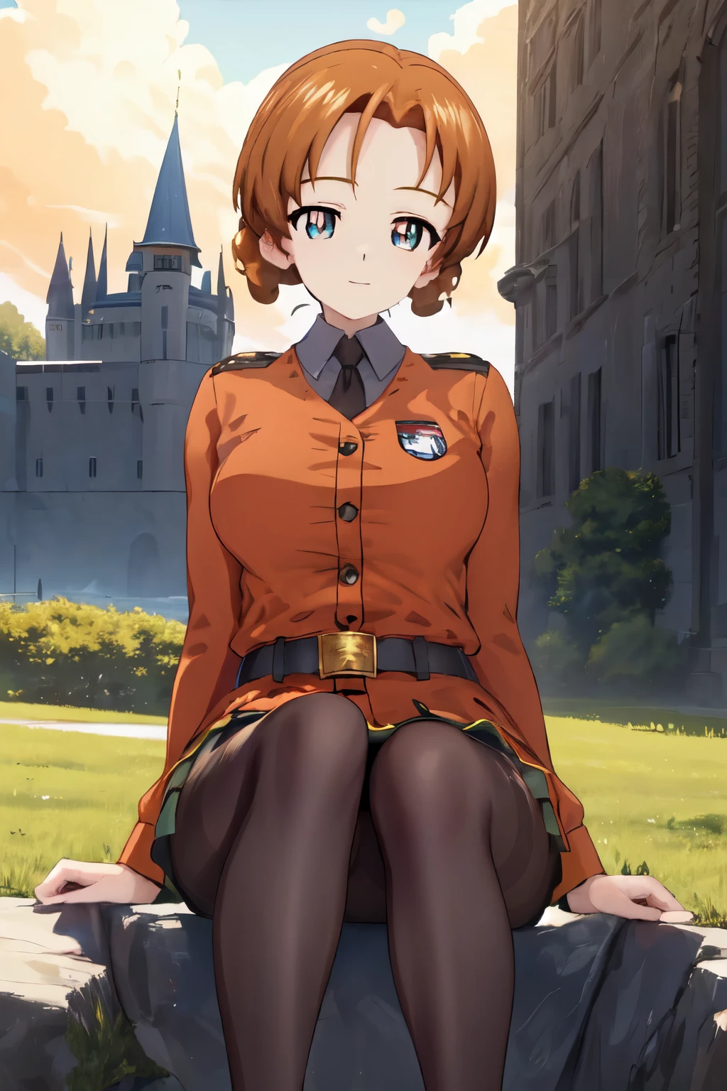 (masterpiece:1.2), best quality, high resolution, unity 8k wallpaper, (illustration:1.5), anime style, (beautiful detailed eyes:1.6), extremely detailed face, perfect lighting, extremely detailed CG, (perfect hands, perfect anatomy), (dynamic pose, dynamic angle:1.1), 1girl, solo, girls und panzer, orange pekoe, red jacket, military uniform, military ,black belt, gold trim, red and yellow collar,, black pantyhose, looking at viewer, outside of a castle, sitting on rock, (spread legs:0.6) breeze, blue sky,