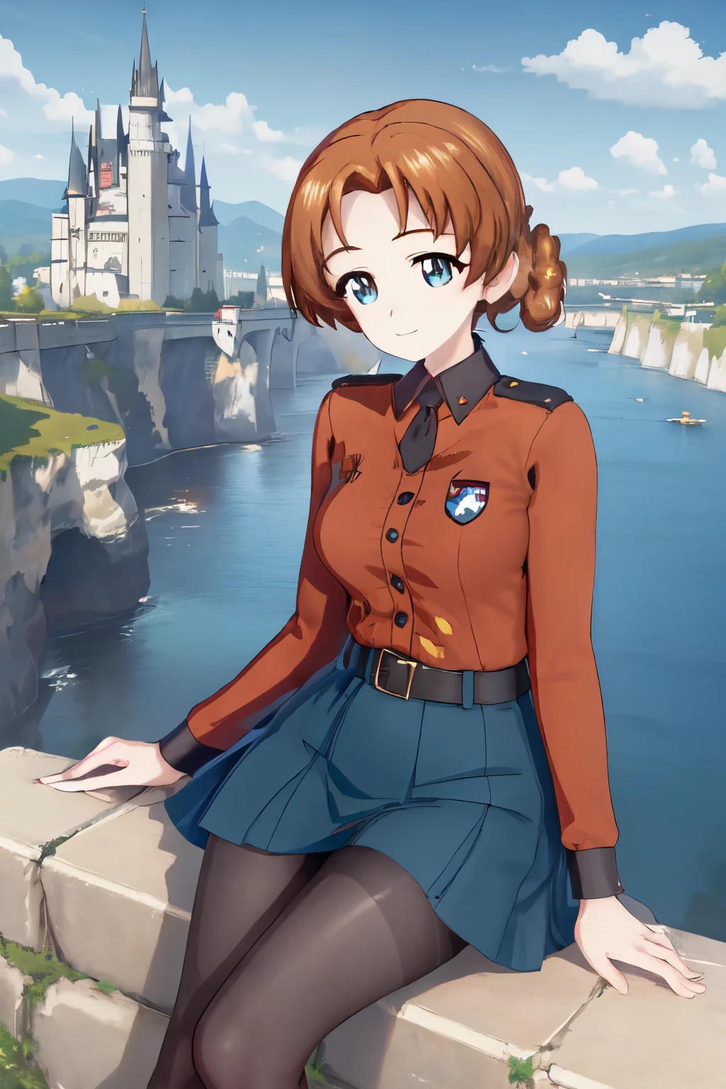 (masterpiece:1.2), best quality, high resolution, unity 8k wallpaper, (illustration:1.5), anime style, (beautiful detailed eyes:1.6), extremely detailed face, perfect lighting, extremely detailed CG, (perfect hands, perfect anatomy), (dynamic pose, dynamic angle:1.1), 1girl, solo, girls und panzer, orange pekoe, red jacket, military uniform, military ,black belt, gold trim, red and yellow collar,, black pantyhose, looking at viewer, outside of a castle, sitting on rock, (spread legs:0.6) breeze, blue sky,