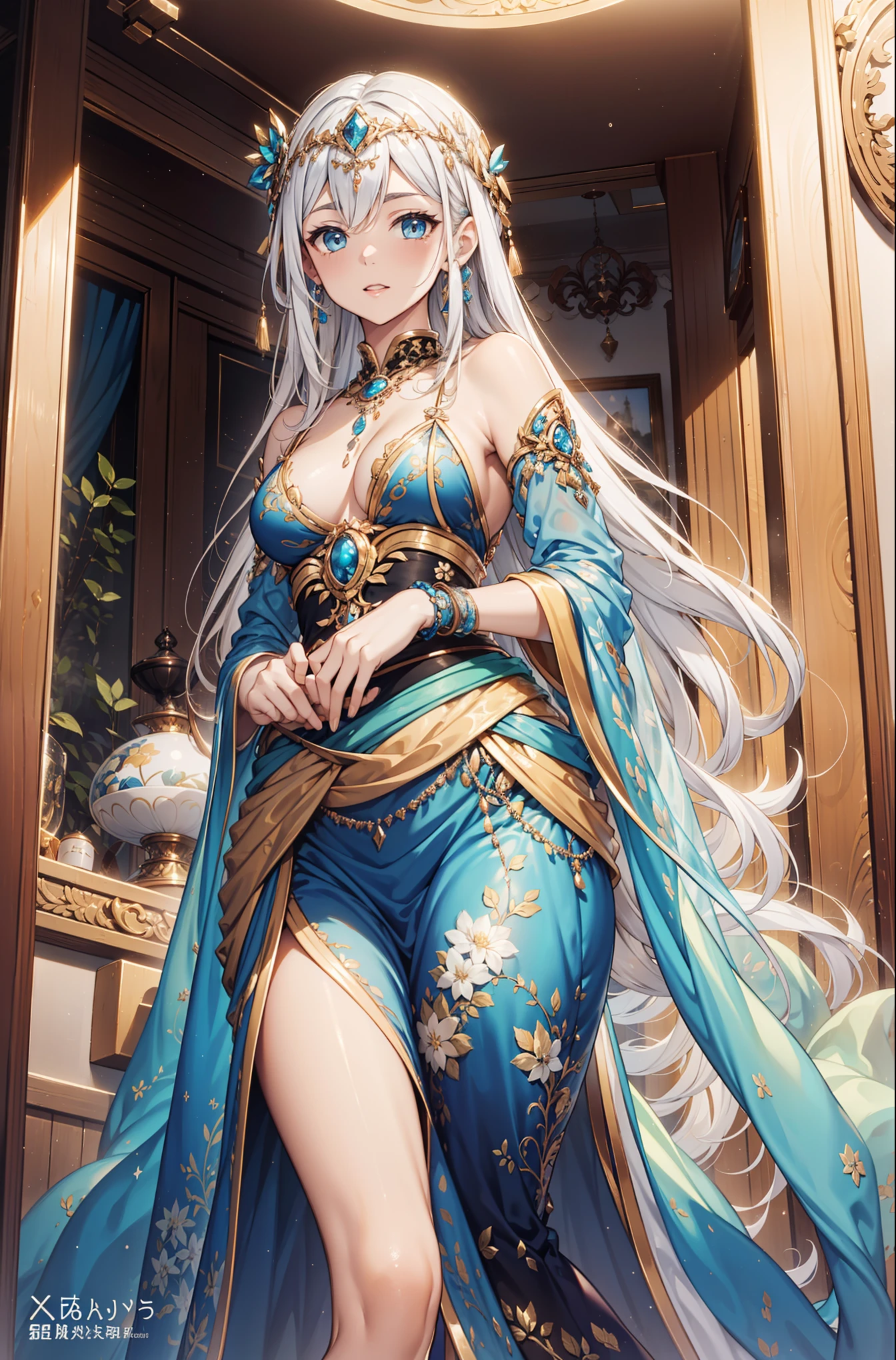 {{{{masterpiece}}}}, {{{Super detailed}}}, {{{high definition}}}, {{good anatomy}}, (((best quality))), ((Very delicate and beautiful)), {{Very detailed and refined}}, {8k CG wallpaper}, {{Enlightenment}}, (sacred goddess dress:1.2),Blonde,blue eyes,Minimalism,Ruffles,Transparent lace,Exquisite accessories,Exquisite pattern,Beautifully dressed,Mythical Crown,see through transparent clothes,A small number of dark blue-white patterns,Beautiful and delicate face,Bedroom scene in western mythology,night,light,night,the only person,(flowing skirt:1.1),tempting pose