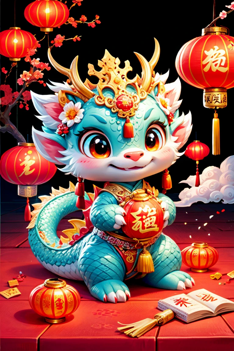 1 Chinese dragon，[(Chinese palace background:1.5)::5]，medium shot，Chinese style，Spring Festival，lantern，fireworks，firecracker，Floral fragrance，stone fragment，Beautiful and delicate water，moiré floor，Cute Chinese Dragon