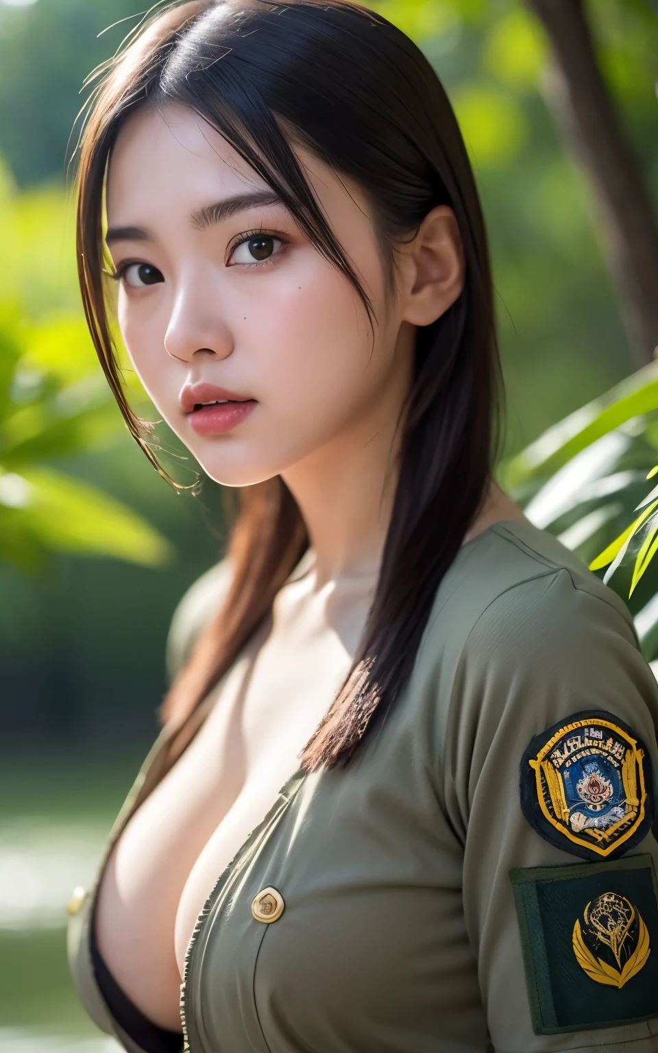 Highly detailed CG Unity 8k wallpapers., Highest quality, Extremely detailed, Masterpiece, realistic, photorealistic, High profile cute girl, (Thai girl:1.3), 25 years old, (Special Forces military clothing)
, forest and river ,Blush, Round eyes, Medium bust, (Show your breasts), viewer, cowboy shoot, full body
