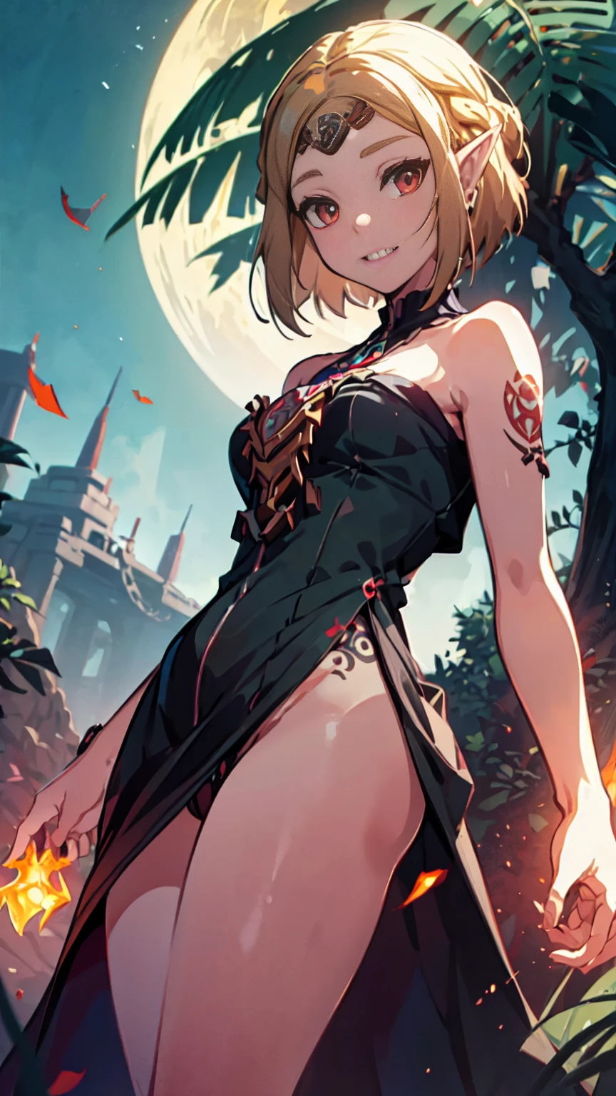 masterpiece, best quality, high quality, illustration, film grain, 1girl, (glowing red eyes), evil grin, crazy eyes,(high resolution,masterpiece, ultra best quality, insanely amazing hyper fine extremely detailed, official:1.4) anime girl with long hair and wings in a dark forest, rossdraws sakimimichan, wlop rossdraws, extremely detailed artgerm, wlop and rossdraws, :: rossdraws, rossdraws 2. 5, artgerm and rossdraws, inspired by rossdraws, rossdraws digital painting, rossdraws 1. 0, rossdraws cartoon vibrant, (official:1.4), dynamic composition, ( solo:1.4),{nsfw}, masterpiece, ultra-detailed, hentai(style), iconic attack, dominatrix, dark kingdom, bad end, (evil fall zelda totk), (evil slutty zelda:1,2), (1girl, solo female, solo focus), by satou_kuuki, mature female, standing, full body, looking at viewer, dark zelda totk, ganon, ganondorf, corruption, contrapposto, mind break, blond hair, short hair, evil smile, lips, eyelashes, evil grin, sexy, pubic tattoo, dark aura, crotch_tattoo, venus body, impossible clothes, thigh_clothes, skimpy costume, voluptuous , can't be this cute, girl on top, alternate costume