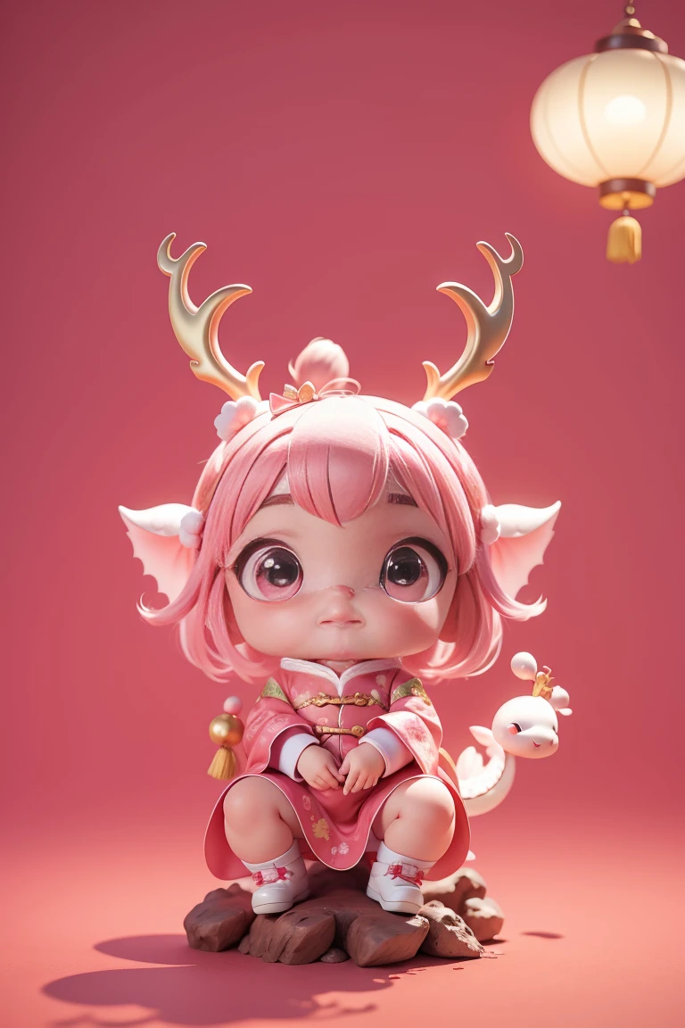 Q version，Cute baby dragon，Chinese style，Pink space，Festive atmosphere，Spring Festival，Cute antlers