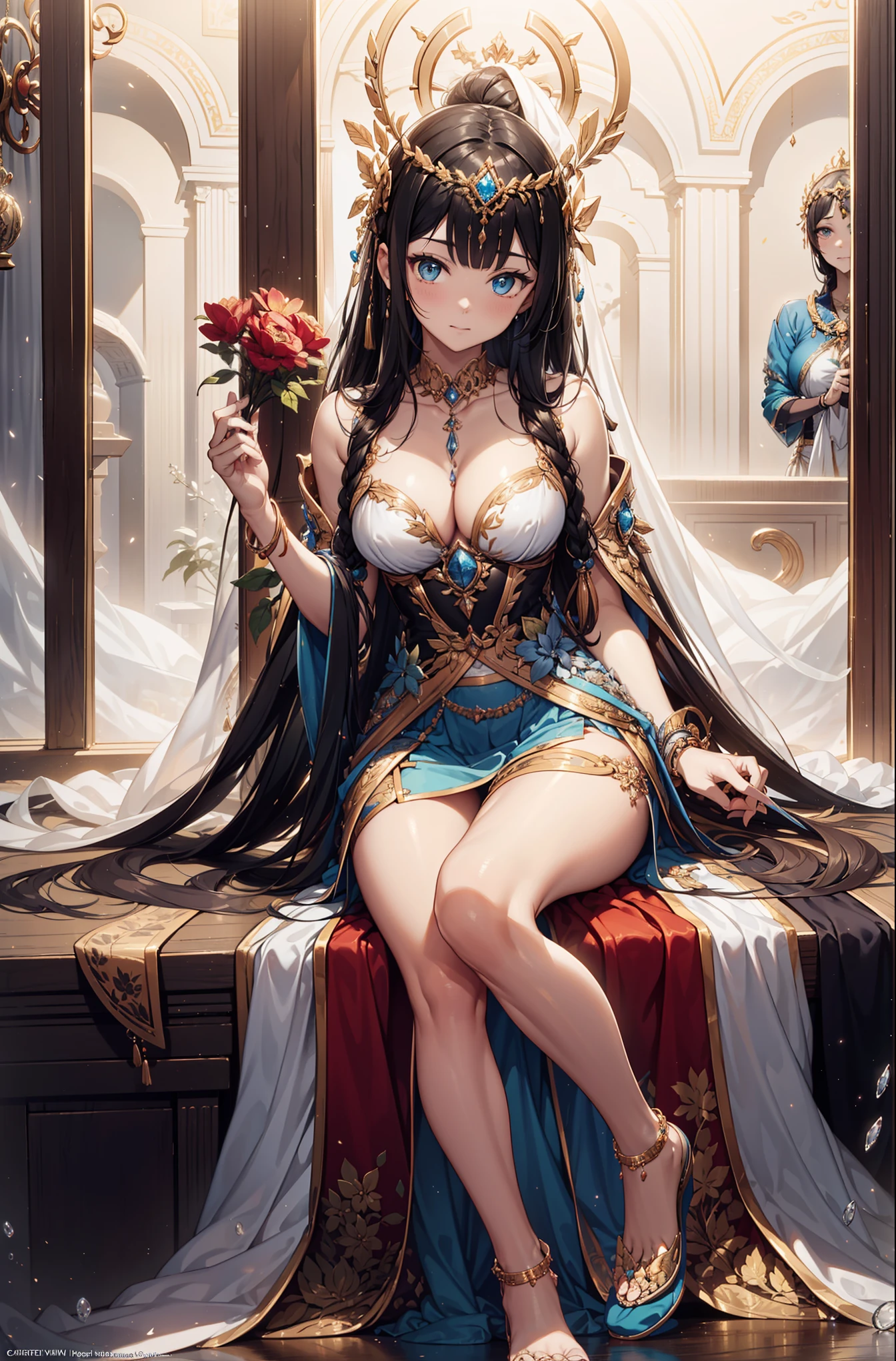 {{{{masterpiece}}}}, {{{Super detailed}}}, {{{high definition}}}, {{good anatomy}}, (((best quality))), ((Very delicate and beautiful)), {{Very detailed and refined}}, {8k CG wallpaper}, {{Enlightenment}}, (sacred goddess dress:1.2),blond,Exquisite and beautiful eyes in random colors,super ultra detail,Ruffles,Transparent lace,Exquisite accessories,Exquisite pattern,Beautifully dressed,Mythical Crown,see through transparent clothes,sacred patterns,Beautiful and delicate face,Bedroom scene in western mythology,light,night,the only person,(flowing skirt:1.1),tempting pose