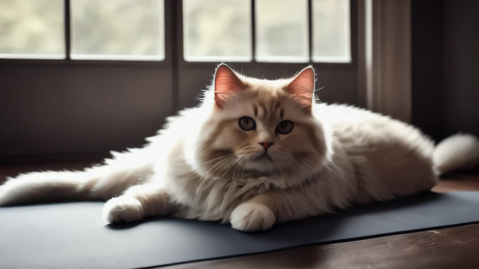 hyper ultra realistic photographs full body of Picture a fluffy Persian cat attempting to channel inner peace during a yoga session. His body contorts into improbable positions, his tail swishing wildly, and his eyes widen in surprise as he inevitably topples over with a comical thud.. ratio 16:9, 4k, 8k resolution, High quality photo, high detailed, imagesharp focus, Cinematic lighting,hyperdetailed & Unreal engine, detail, realism, photography,cinematography, camera NIKON, lens NIKKOR flagship, masterpiece. hyper-maximalism, ultradetailed photorealistic, light skin imperfections, final render, vray, photo, fashion