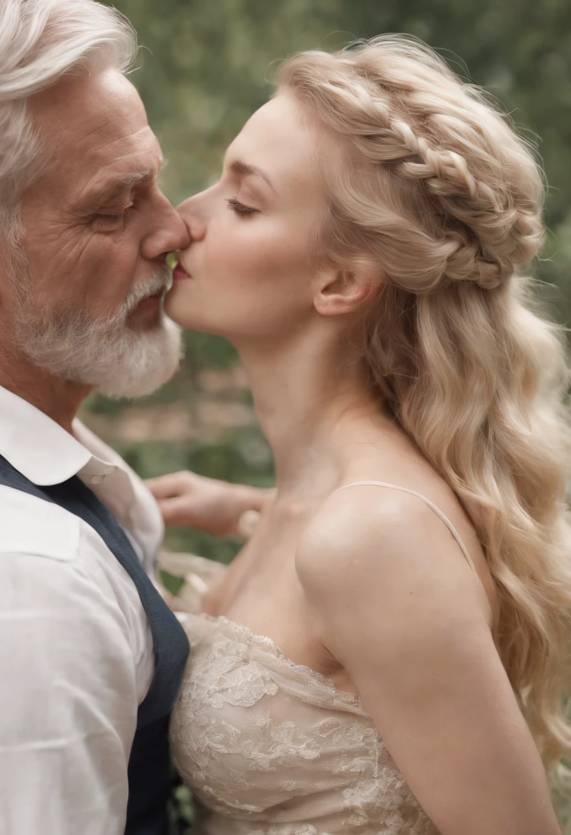 original, intricate detail, illustration, masterpiece, extremely detailed CG unity 8k wallpaper, highlight, sharpening, dynamic, bokeh, blonde hair girl, kissing old man, bdsm, leather, whips, tied up nude, passion
