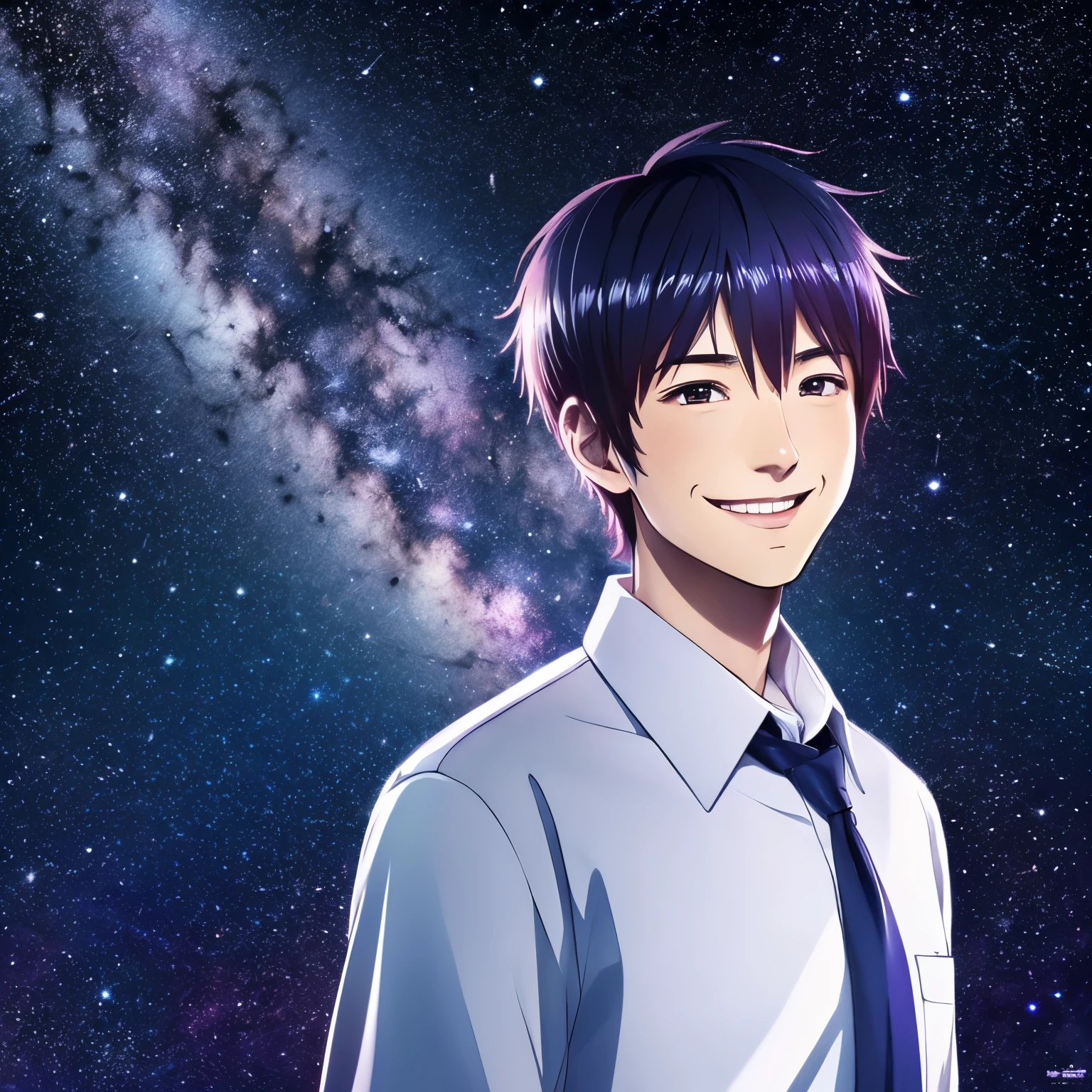 a man, japanese anime, the background is a brilliant galaxy, with the Milky way shimmering from left to right, very short hair, wearing a white collared shirt, With a smile
