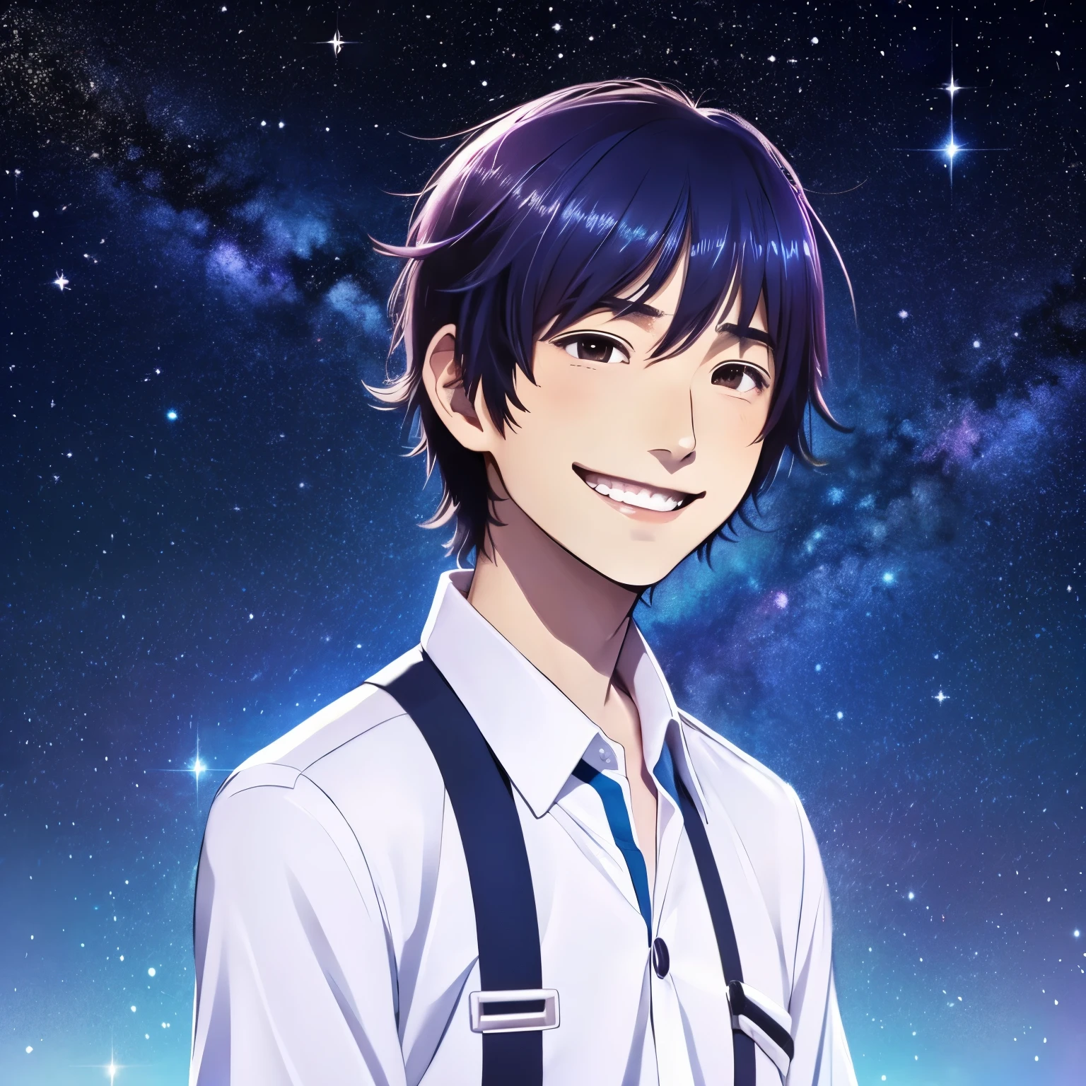 a man, japanese anime, the background is a brilliant galaxy, with the Milky way shimmering from left to right, very short hair, wearing a white collared shirt, With a smile