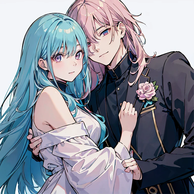 ((highest quality)), ((masterpiece)), (be familiar with), a grown-up young man、male、一人のmale、perfect face、light blue hair、long hair、pink eyes、I'm looking at this and smiling、Strong eyes、suit、Shoulder coat、anime style