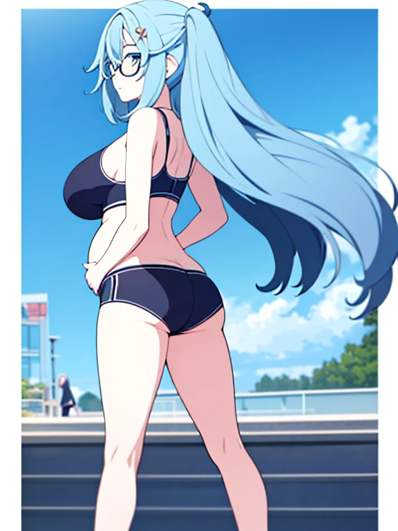 (Very high quality, detailed, masterpiece, from behind) An image of a full body pregnant girl with a round belly, long hair, very big breasts and a bubble butt. She's standing barefoot with her hands on her belly. She's wearing a sports bra, very thight shorts and glasses.