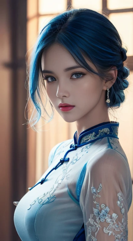 (Hyperrealistic), (illustration), (high resolution), (8K), (Extremely detailed), (Best Illustration), (Beautiful detailed eyes), (Best quality), (Ultra-detailed), (Masterpiece), (the wallpaper), (Photorealistic), (Natural light), (rim lit), (Detailed face), (Highly detailed realistic skin textures), (Anatomically correct), (Solo), (1 girl), (high detailed realistic hair), (Blue hair:1.2), spiked hair, (Heterochromic eyes), (detailed green eyes), (Small moles under the eyes), (Realistic big breasts:1.5), (Exposed breasts:1.3), (Long legs), (Slender abs), (Dynamic pose), (Closed mouth:1.3), (traditional cheongsam outfit), (Sheer clothes:1.5), NSFW,nakeness