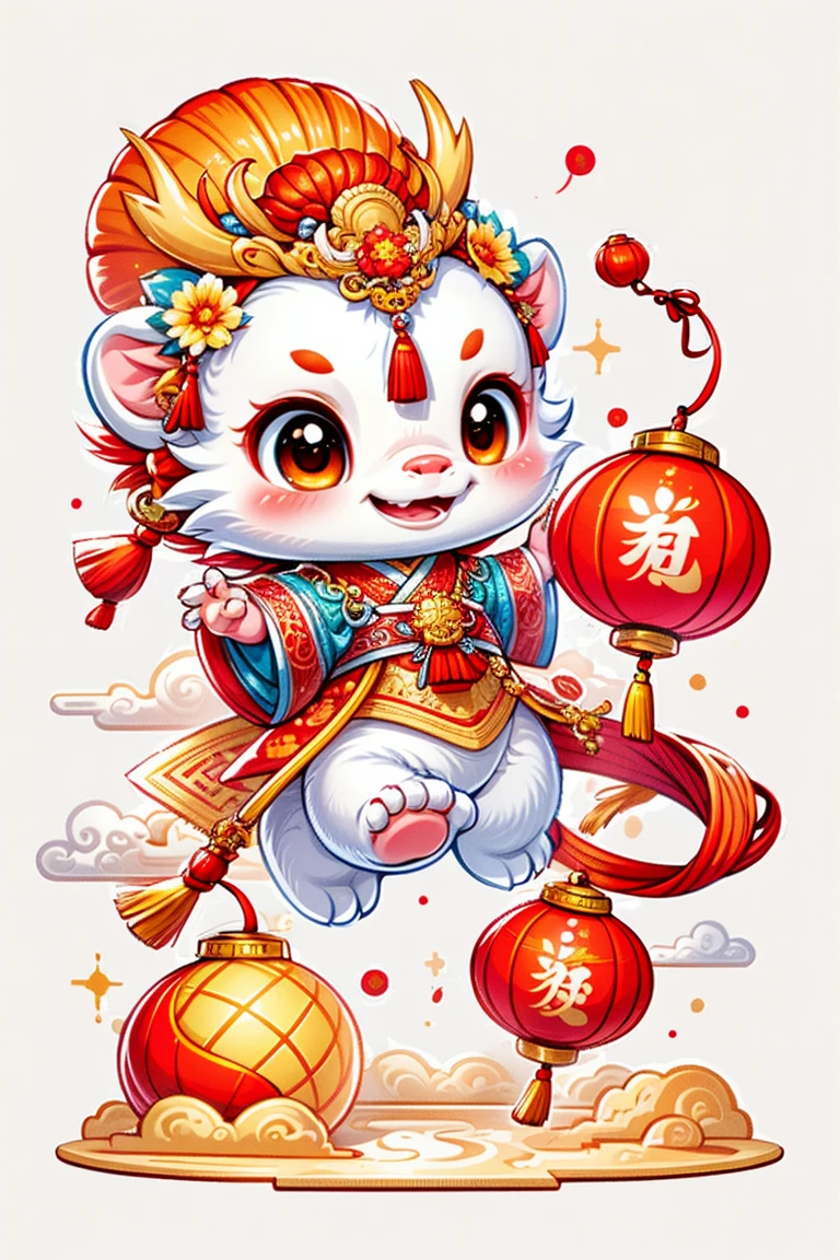 1 Chinese dragon，[(Chinese palace background:1.5)::5]，medium shot，Chinese style，Spring Festival，lantern，fireworks，firecracker，Floral fragrance，stone fragment，Beautiful and delicate water，moiré floor，Cute Chinese Dragon