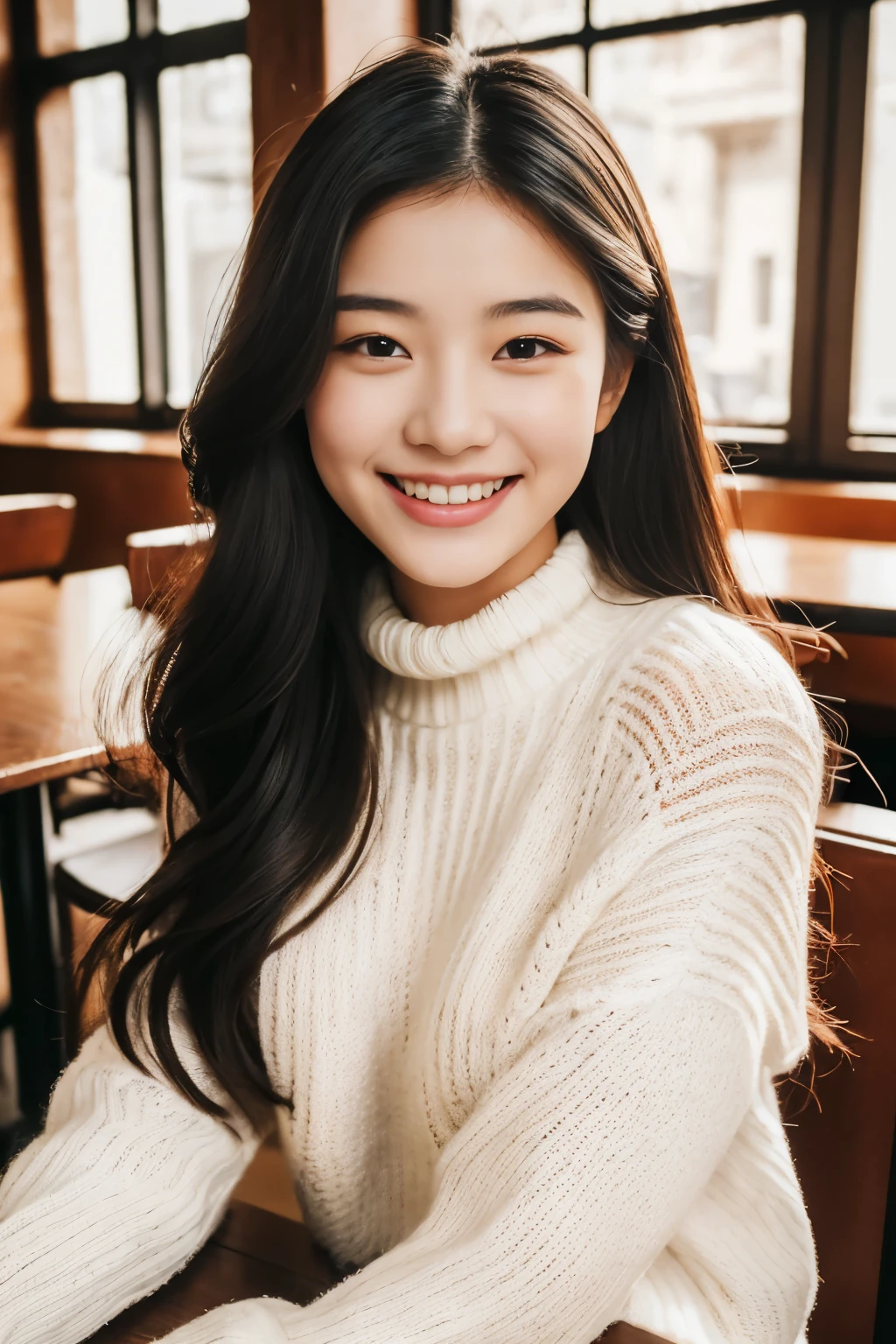 (beautiful Asian girl with long hair: 1.3), (real and captivating: 1.2), sitting in a cozy café, (wearing a white knit sweater: 1.1), her radiant smile illuminating the room, (high quality image: 1.4), intricately detailed facial features, her long black hair cascading down her shoulders.