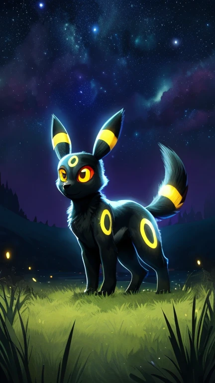 watercolor \(artwork\), monochrome:0.7], (by Tomer Hanuka, by Mike Mignola, by Yookie), solo chibi ((quadruped feral:1.25) (umbreon)), (full-length portrait, three-quarter view:1.25), BREAK, grassland, starry night, lake, glowing, shiny, (detailed background, firefly:1.15), (intricate:1.1), (high detail:1.3), (unreal engine:1.2), (masterpiece, best quality, 4k, 2k, shaded, absurd res)