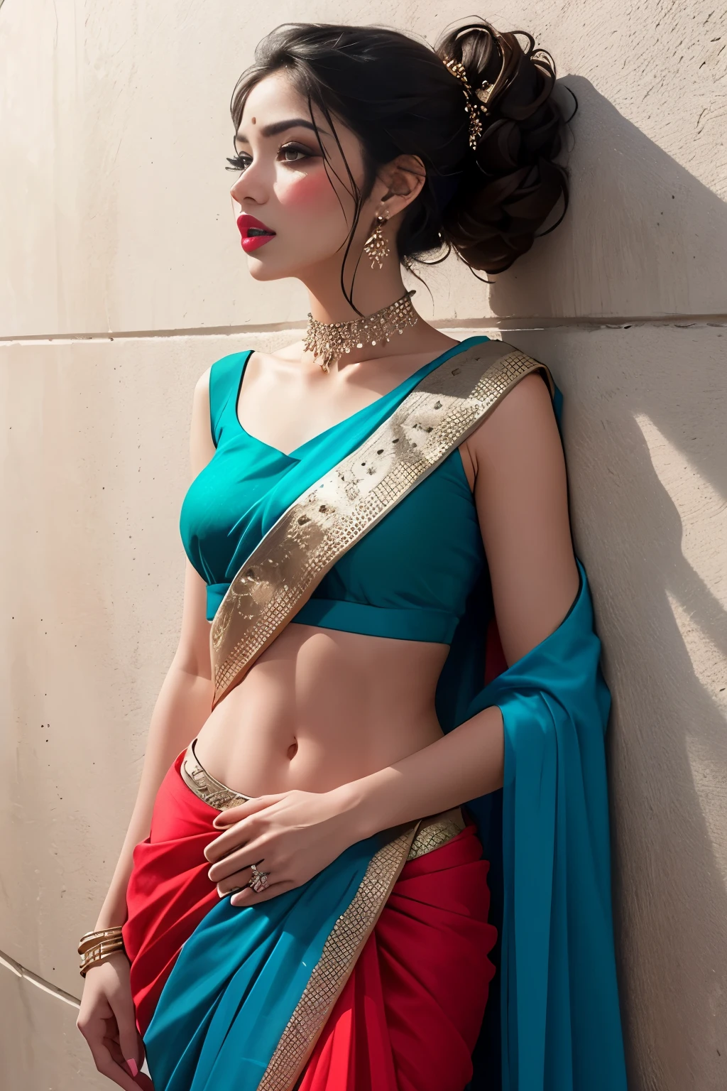 Sexy woman, 60/40 hair part, lots of eyeliner, blush and lipstick, sexy blue saree, low-waist saree, pinned against the wall, seductive gaze, blushing intensely, ready to kiss