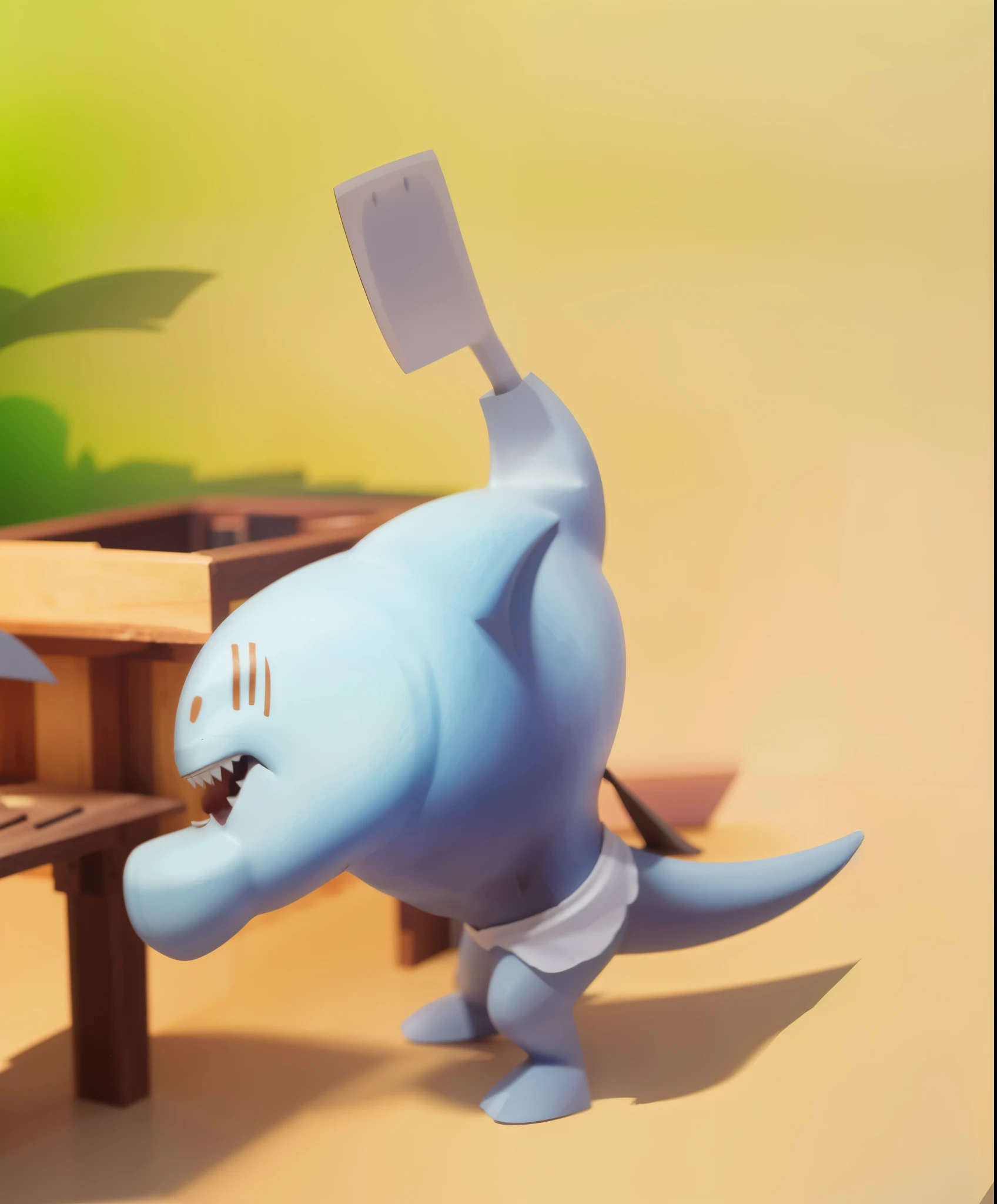 shark，wooden bucket，shark拿着刀，slashing kitchen knife，light and dark structure emphasis，shark皮肤质感，high quality, 4K, super, actual, Super details，no blur，clear edges