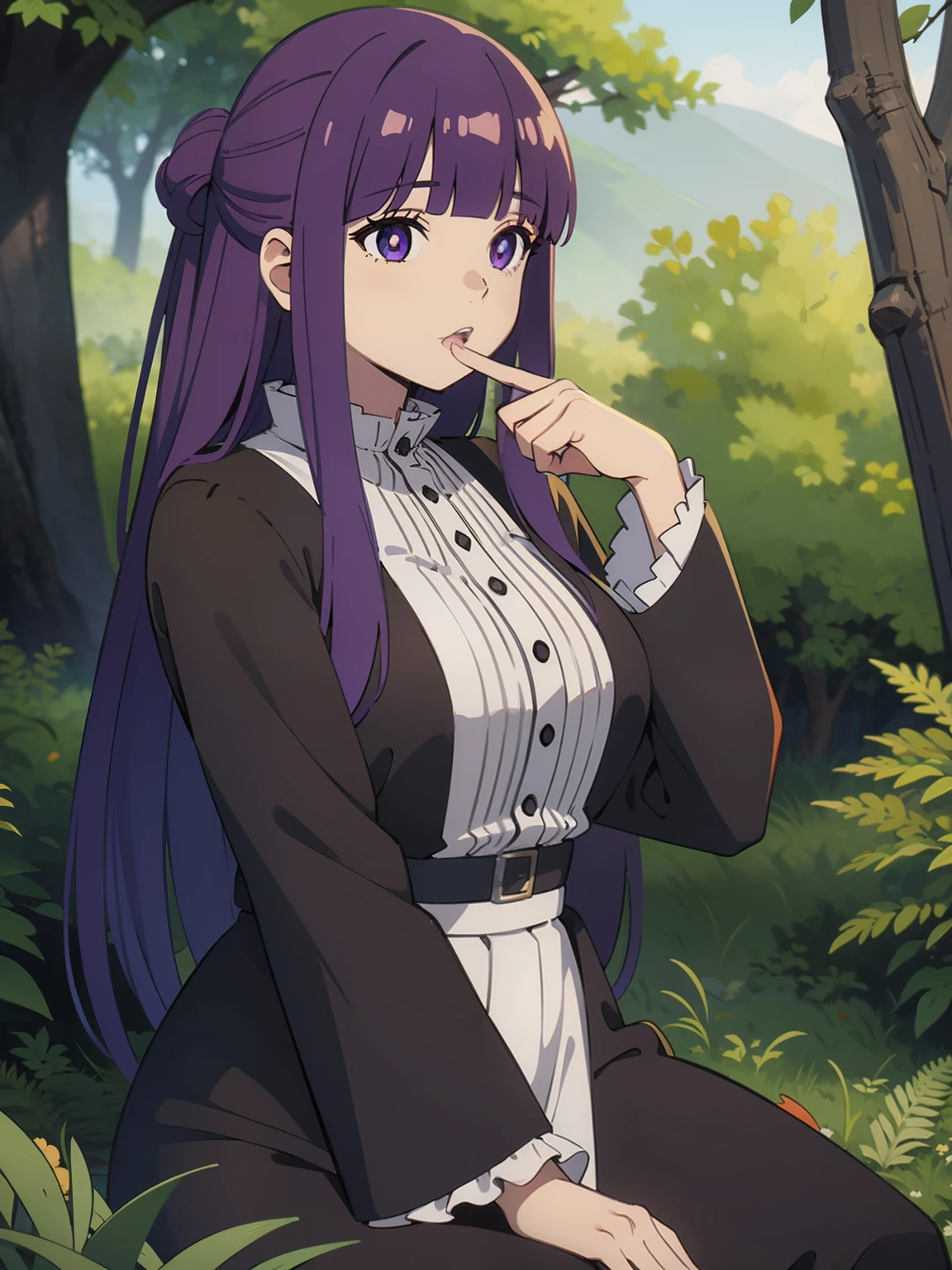 freirenfern, fern, purple hair, long hair, purple eyes, blunt bangs, sidelocks, half updo, bright pupils, (large breasts, 1 girl), frilled collar, black robe, white dress, center frills, buttons, wide sleeves, long sleeves, curvy, frilled collar, BREAK Masterpiece, best quality, high resolution, 8K, official art, super resolution, extremely detailed and beautiful, extremely detailed, amazing and detailed, highly detailed beautiful girl, highly detailed face, highly detailed eyes, highly detailed skin, highly detailed fingers, highly detailed nose, very detailed mouth, perfect anatomy BREAK Full body shot, Looking down, pray BREAK hill, nature, forest, extremely detailed CG unity 16k, very fine 16KCG wallpapers
