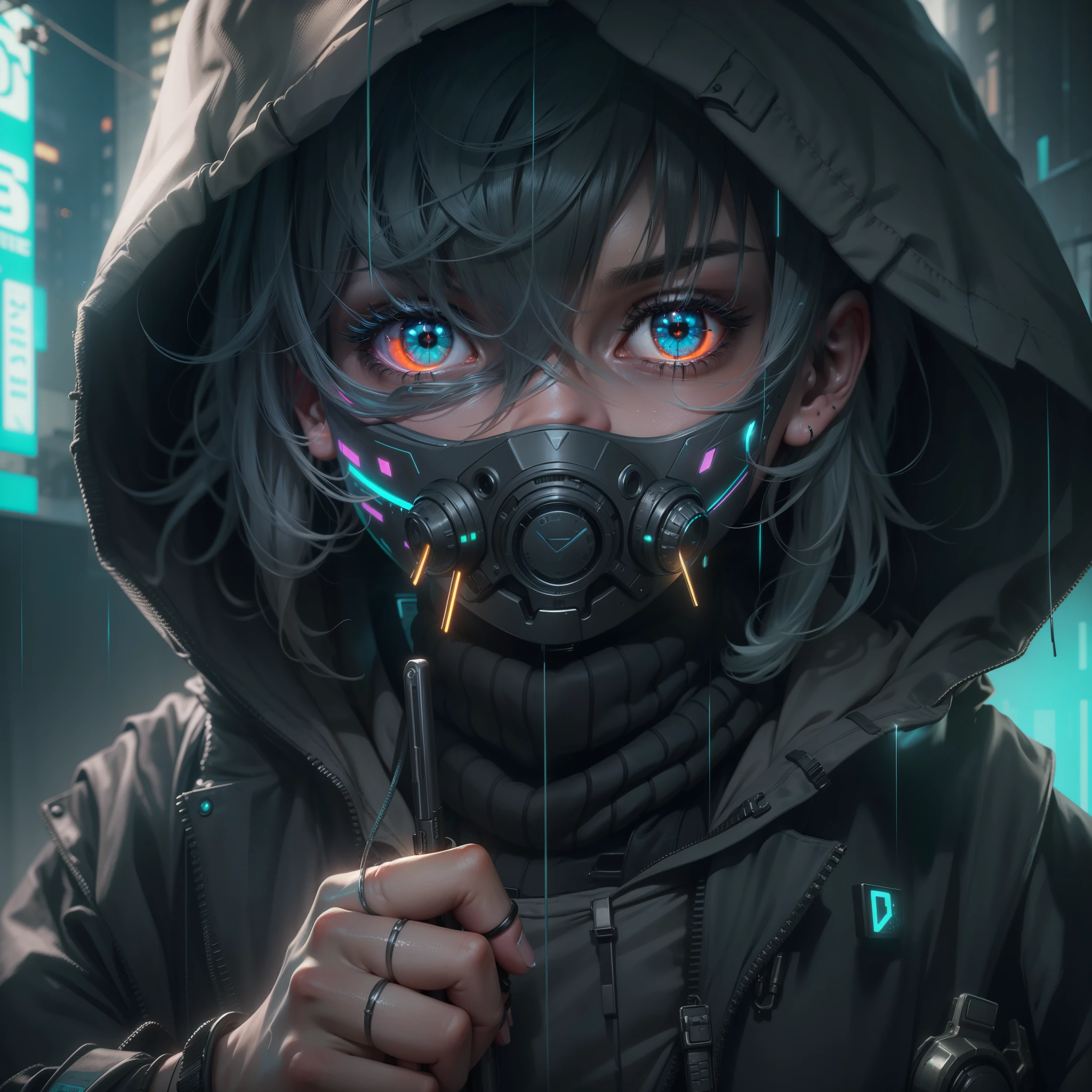 best quality,hyper-realistic,ultra-detailed,highres,masterpiece:1.2,portrait,boy wearing a mask,boy wearing a black hoodie,boy holding a knife in his hand,detailed eyes and face,detailed lips,long eyelashes,digital cyberpunk anime style,cyan colors,dark atmosphere,neon lights,gritty textures,grungy urban backdrop,post-apocalyptic setting,reflection of city lights on wet streets,moody lighting,high-tech implants,glowing cybernetic eyes itemprop