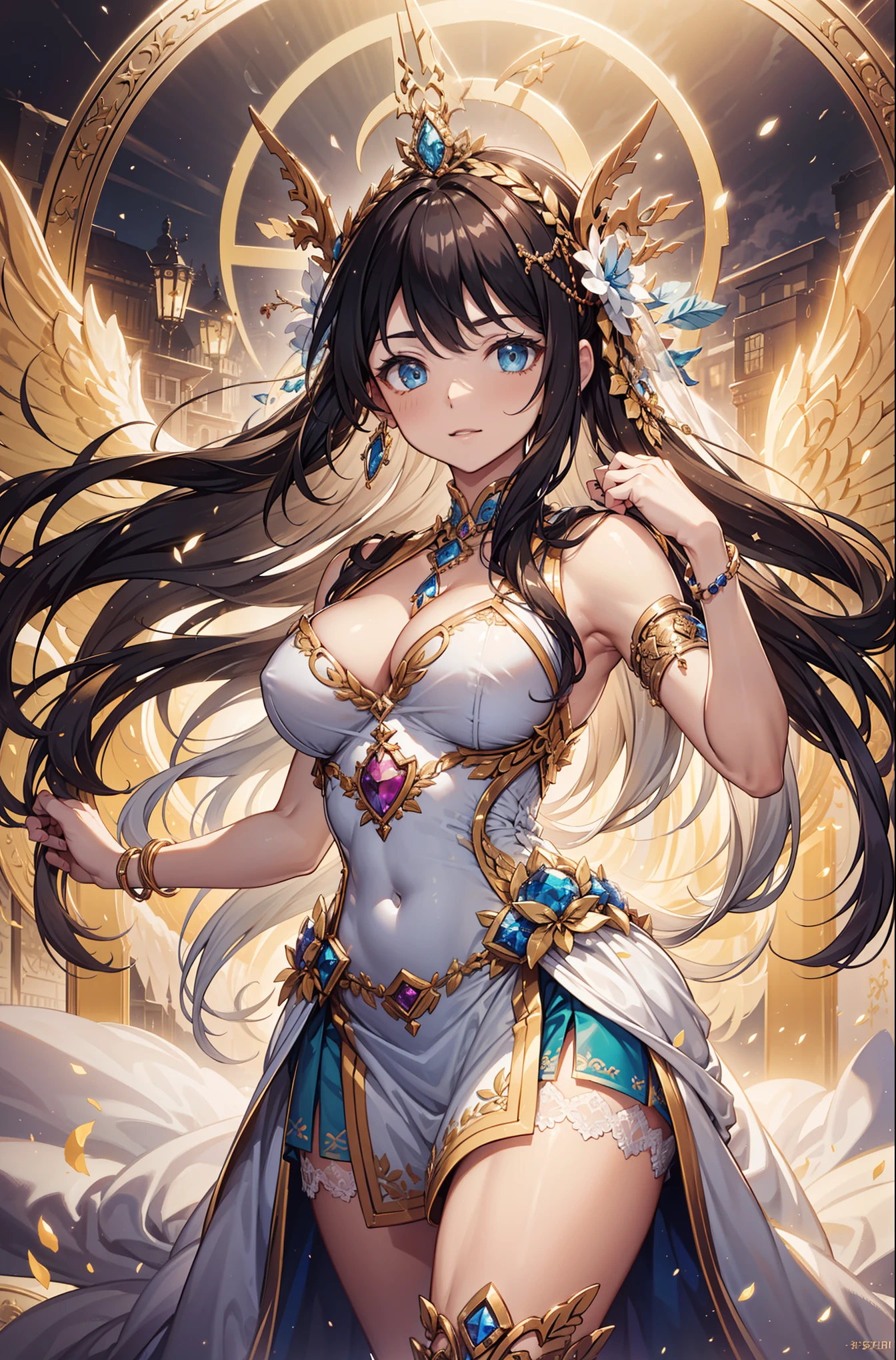 shining star,A beautiful oriental girl,Single ponytail,Dragon Horn,Big breasts,thin waist,white skin,Perfect proportion,Wearing a dance dress,8k,Dance with the dragon,The focus of the audience,Lighting effects,Super details,