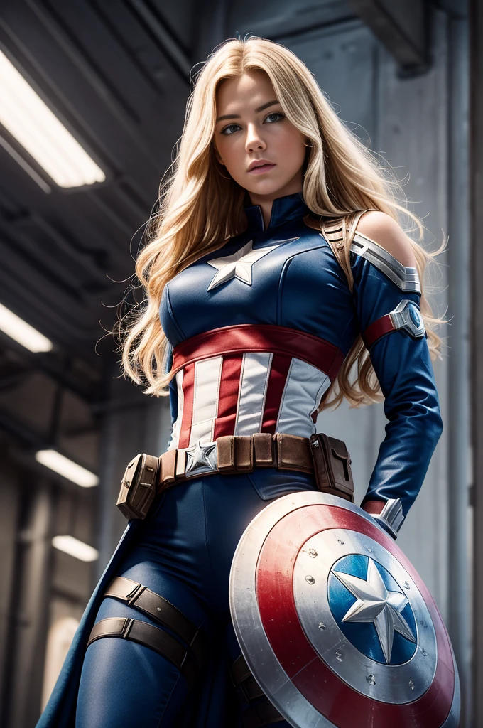 Masterpiece, 1girl, cowboy shot of a beautiful female as Marvel's Captain America, fine delicate features, white star on her chest, American Dream, blue and red theme costume, holding her large circular shield, futuristic NYC background, Sci-Fi, long blonde hair, super-heroine, heroic, perfectly proportioned, photograph, hyper realistic, masterpiece, 8K, large format camera, 110 mm lens, dynamic lighting, rim lighting