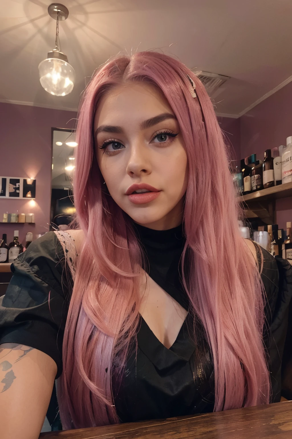 Mixed polish but more latina woman with long hair sticking out her tongue in a black dress, tongue out, long blonde hair and large eyes, duckface, a gorgeous , swedish woman, goddess ,saturated pink hair and large blueish eyes face, perfect girl, with long pink hair, instagram model, sexy girl with long purple hair, big lips, makeup, strong eyebrows, 23 years old, fit, only lip gloss, Thick red light red lips, madison beer, perfect girl, with soemthing interesing in her eyes, e girl, young , sharp face, not innocent face, strong pink purple hair , kittyxnacre maddie francesca type, she is in the bar having fun