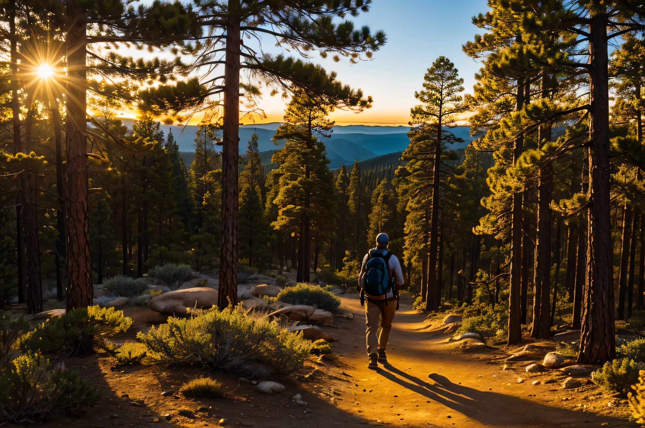 a tourist hiking in pine forest, rim light golden hour
