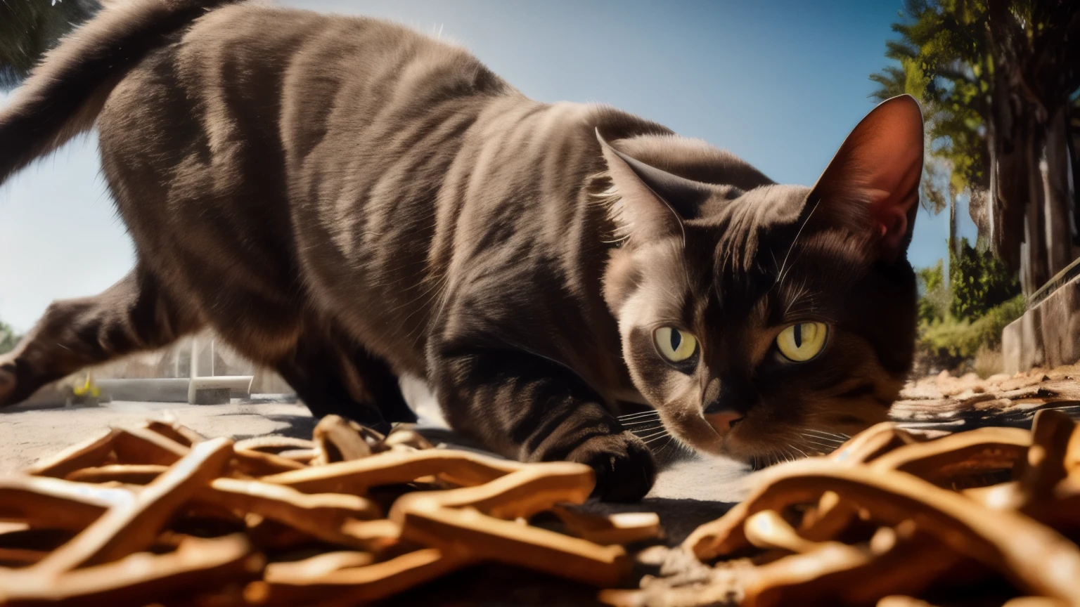 hyper ultra realistic photographs full body of A mischievous Siamese cat chases a dancing red dot from a laser pointer with unwavering focus. He leaps, bounds, and contorts himself into pretzels, completely mesmerized by the elusive light, oblivious to the chaos he leaves in his wake. ratio 16:9, 4k, 8k resolution, High quality photo, high detailed, imagesharp focus, Cinematic lighting,hyperdetailed & Unreal engine, detail, realism, photography,cinematography, camera NIKON, lens NIKKOR flagship, masterpiece. hyper-maximalism, ultradetailed photorealistic, light skin imperfections, final render, vray, photo, fashion