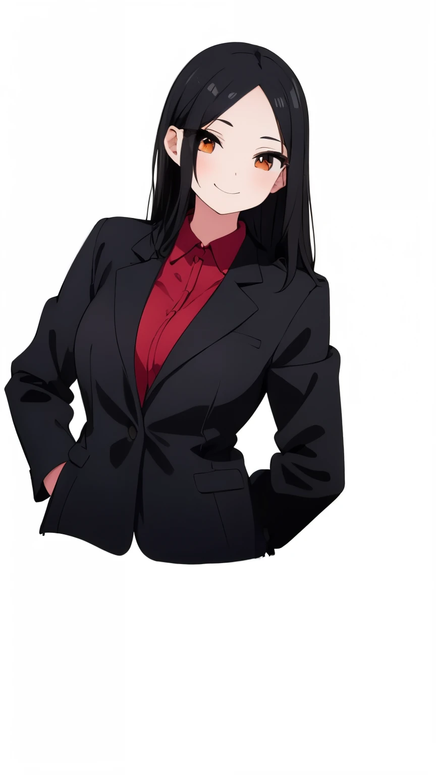 One girl with black hair, hair length until bust, straight hair, hair parted in center of head, round face. hairstyle with a center part, that the hair should be parted down the middle, creating a symmetrical look without any frontal hair covering the forehead. Looking straight, looking at viewer. Wearing black open blazer and red dinner. Standing. Perfect body proportions. Adult woman. Standing. Smiling. Happy.