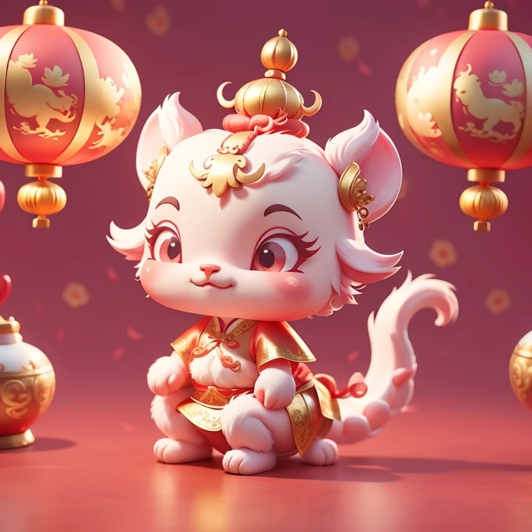 A cute Chinese dragon, There are dragon horns，Spring Festival，Festive atmosphere，Red pink and light gold styles, Decorations，