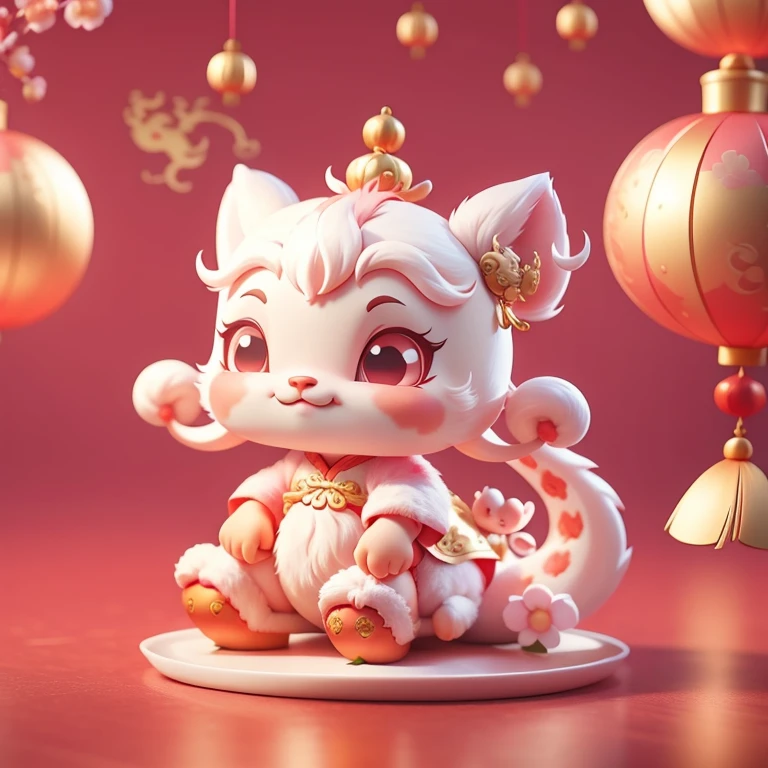 A cute Chinese dragon, There are dragon horns,Spring Festival,Festive atmosphere,Red pink and light gold styles, Decorations,