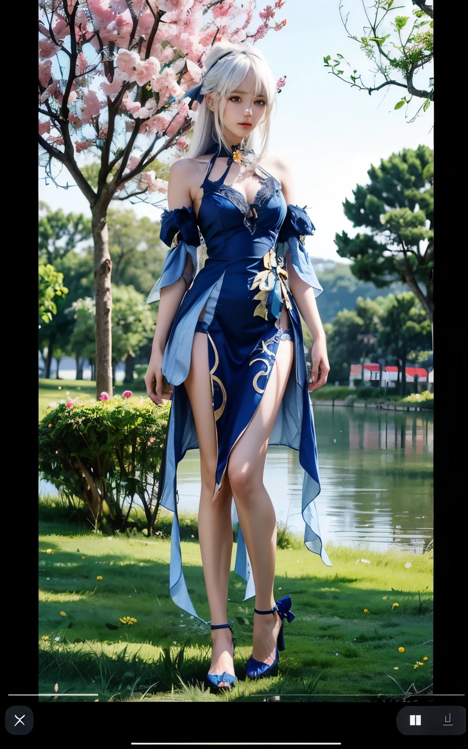 凝Light_Light (Stand naturally:1.5), sweet girl, white hair, long hair, parted bangs, hair accessories, jewelry, bare shoulders, Detached sleeves, blue dress, Light腿, blue high heels,whole body, outdoor, 阳Light, grassland, flowers, 阳Light明媚, lake, garden,